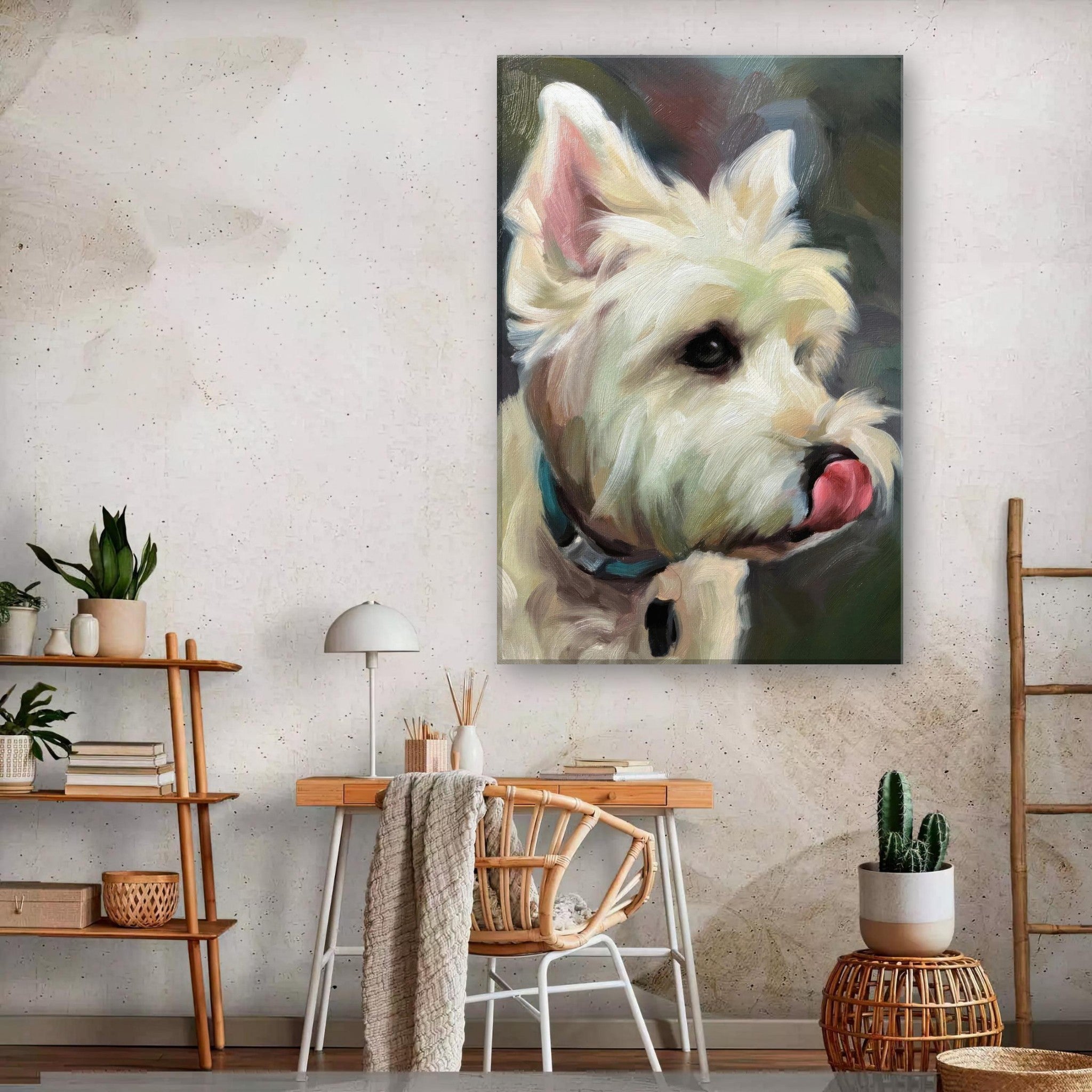 Westie dog painting canvas print featuring a playful West Highland White Terrier in a charming interior setting.