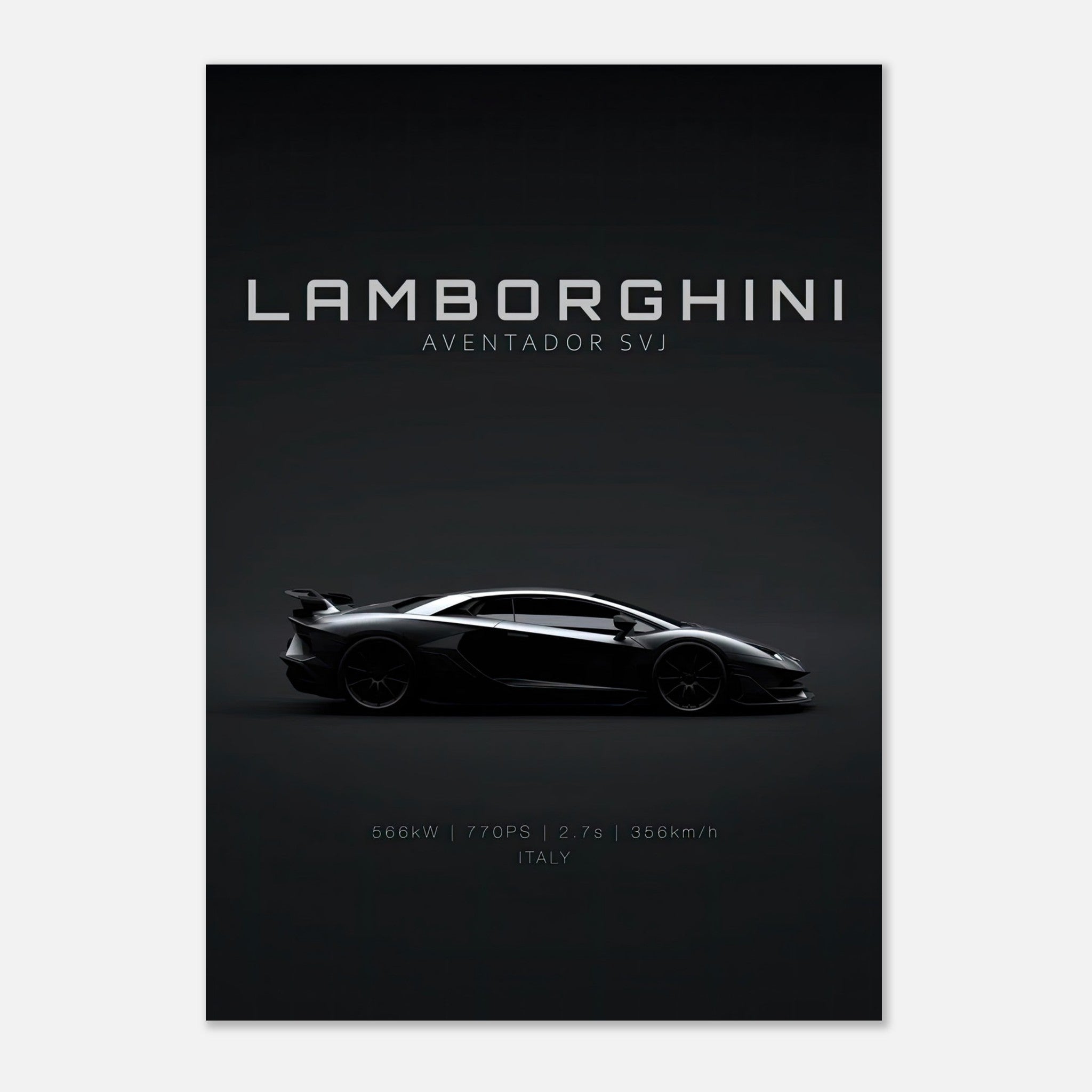 Lamborghini Aventador SVJ poster showcasing sleek design, performance stats, and striking silhouette.