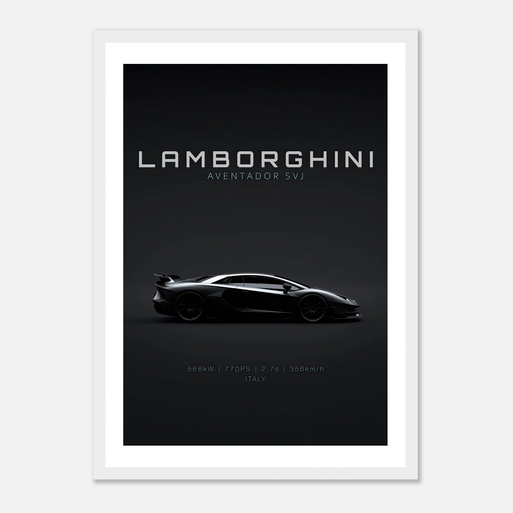 Lamborghini Aventador SVJ framed poster showcasing sleek silhouette and design features.