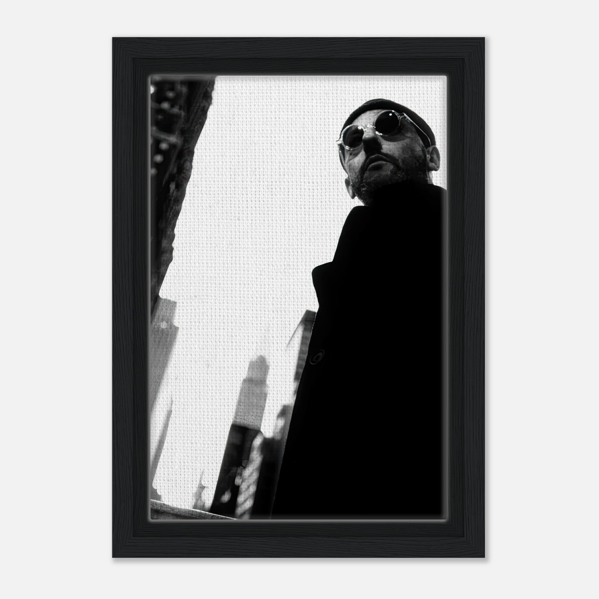 Leon Photography - Jean Reno framed canvas print in black-and-white, showcasing a bold cinematic perspective.