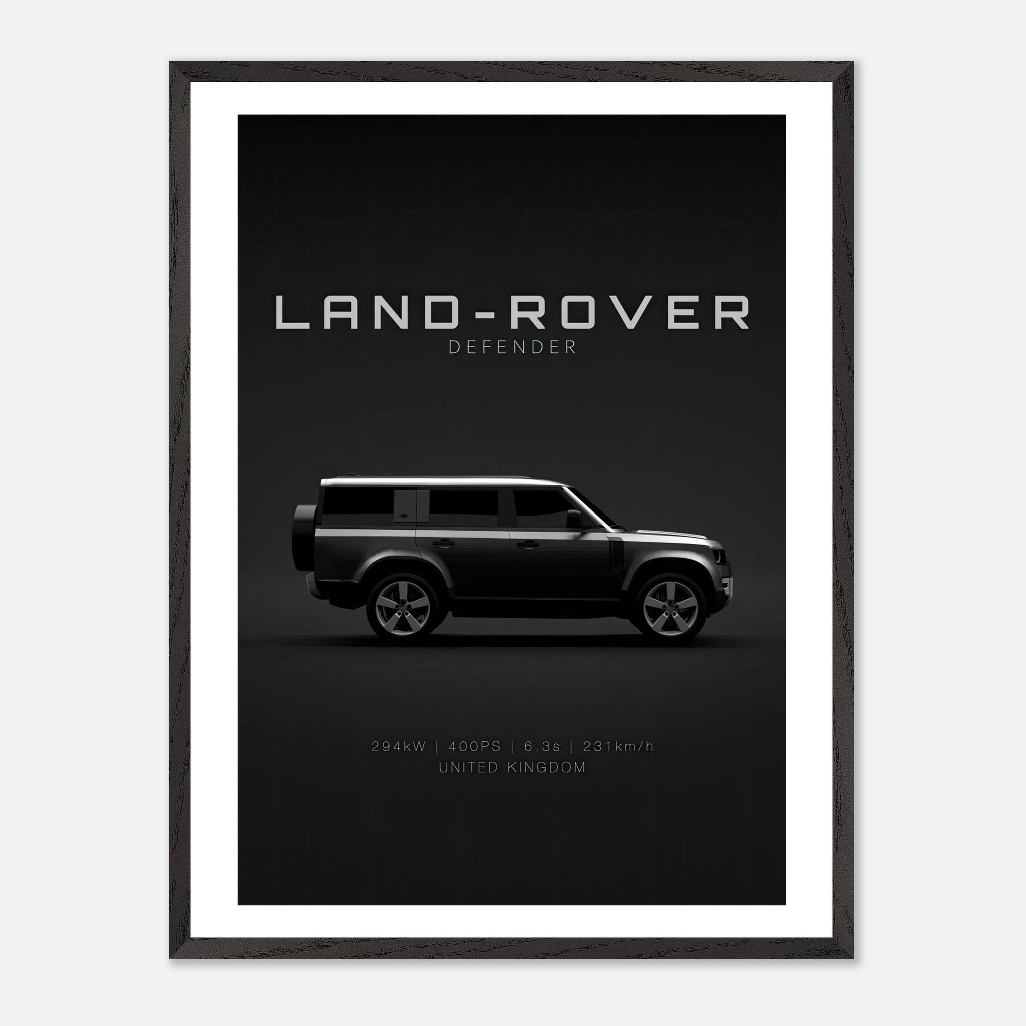 Land Rover Defender vintage framed art featuring a minimalist design on a black background.
