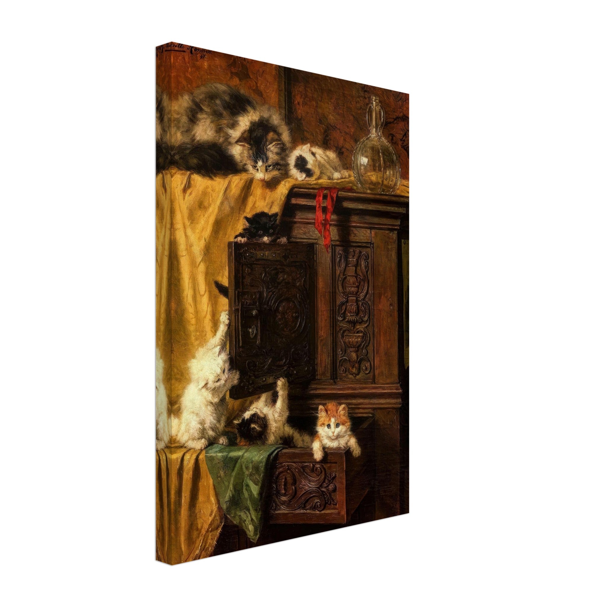 Vintage cat painting canvas print featuring playful kittens on an antique cabinet in warm tones.