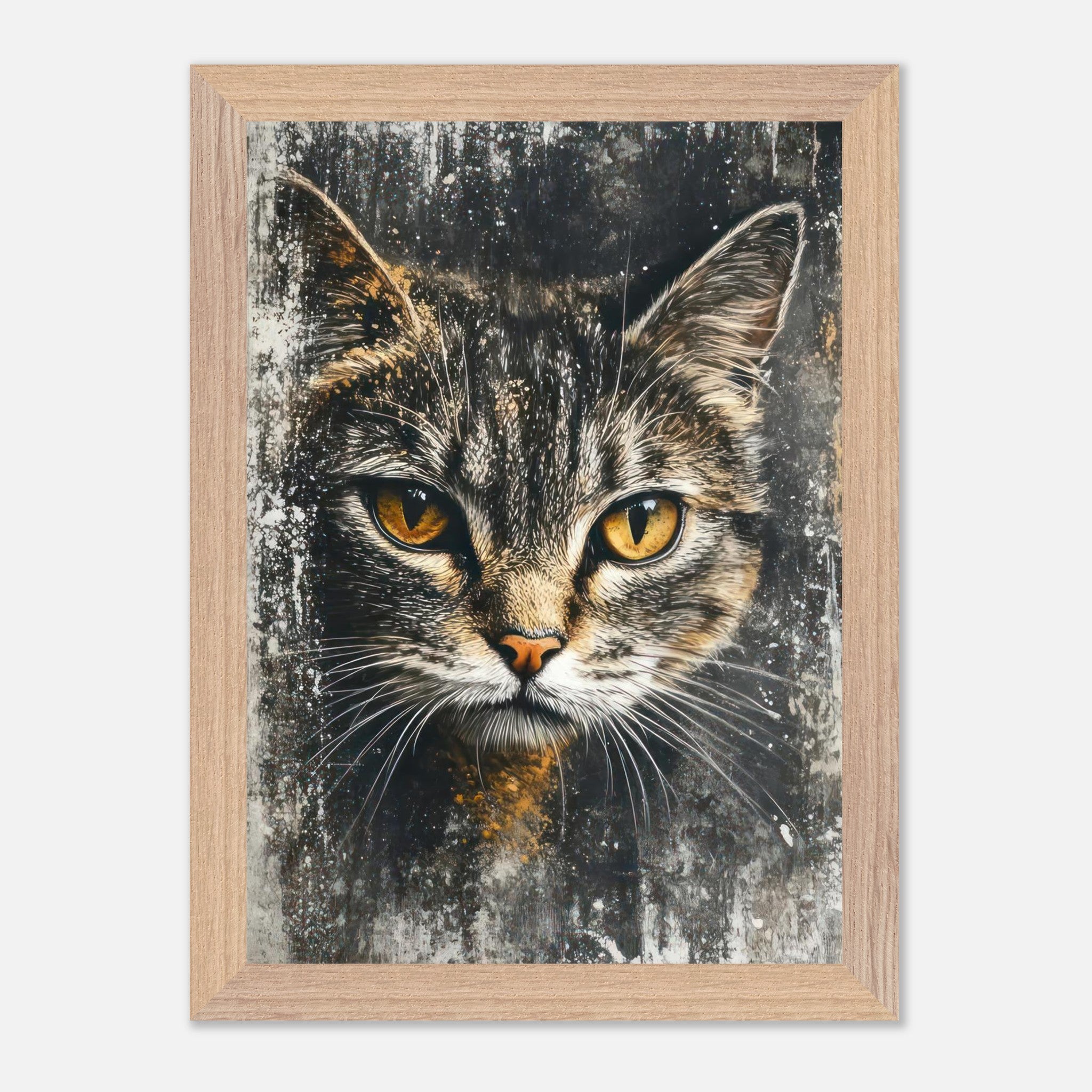 Vintage framed cat painting with striking golden eyes, elegant home decor artwork.