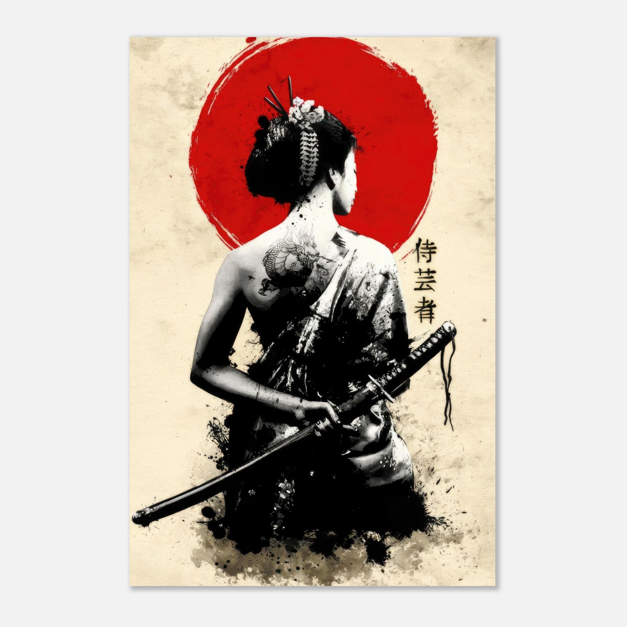 The Samurai Geisha Metal Print featuring powerful geisha with katana against a vibrant red sun background.