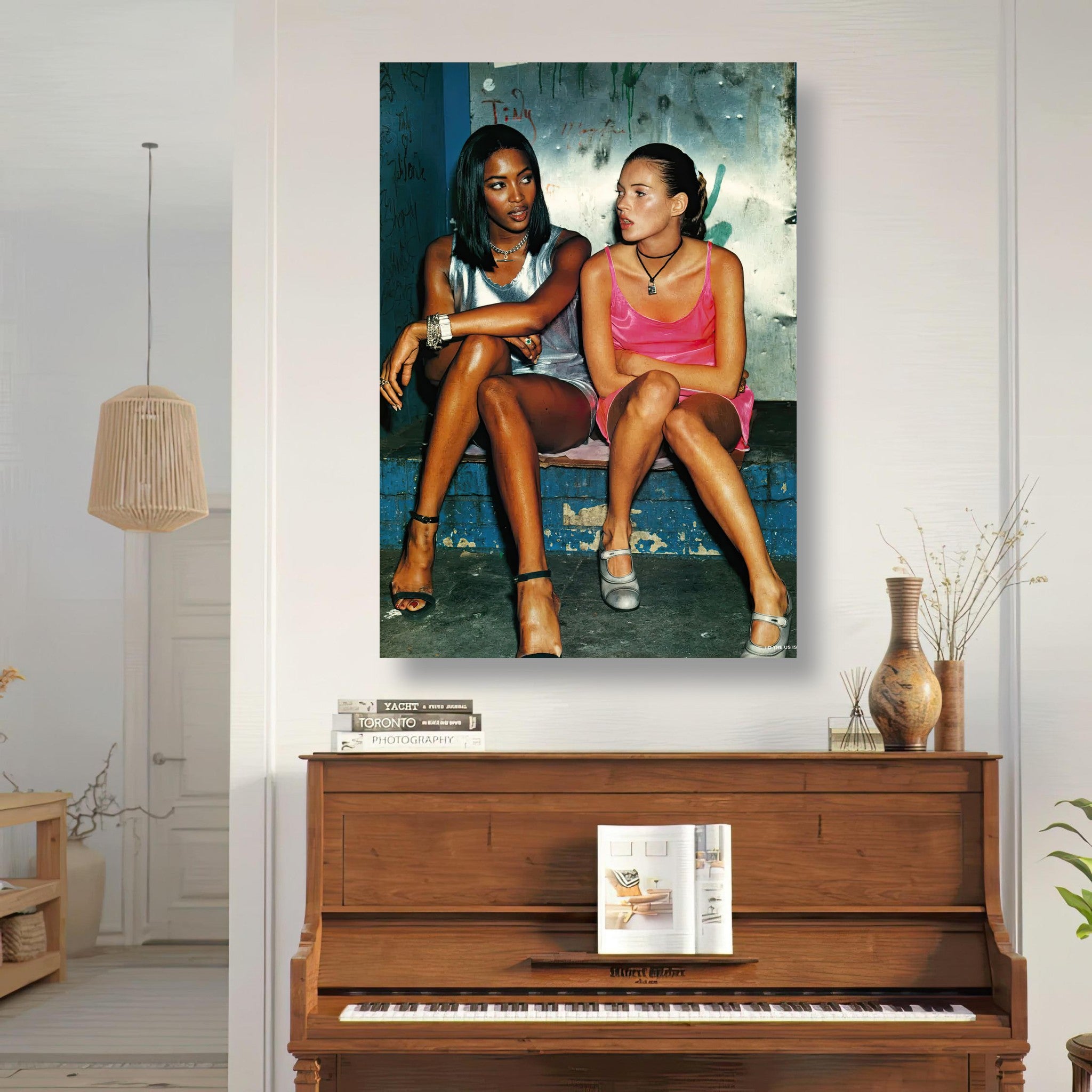 Naomi Campbell and Kate Moss metal print on display in a stylish interior, showcasing 90s fashion elegance.