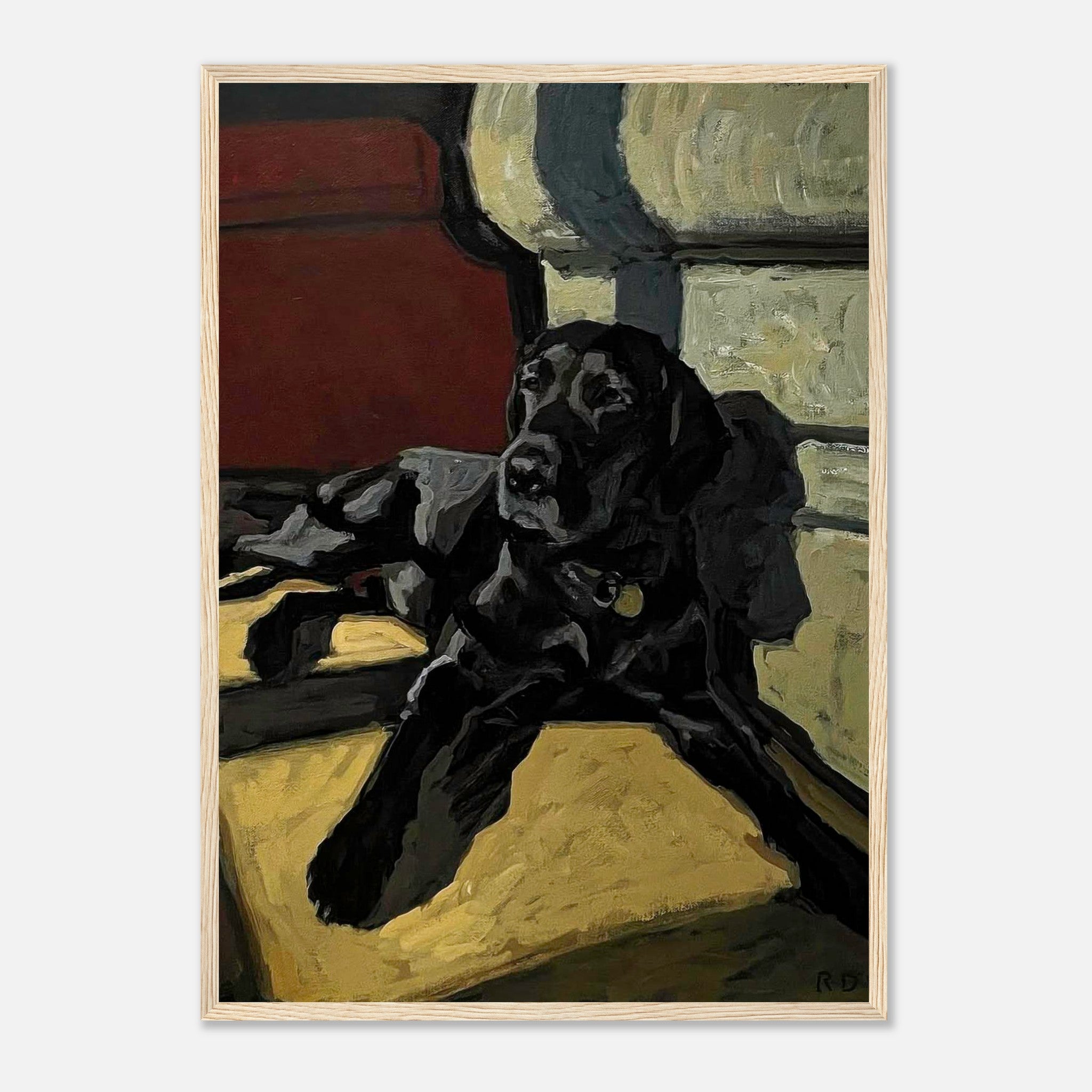 Black Labrador dog painting framed print, showcasing a lounging Labrador in warm earthy tones.