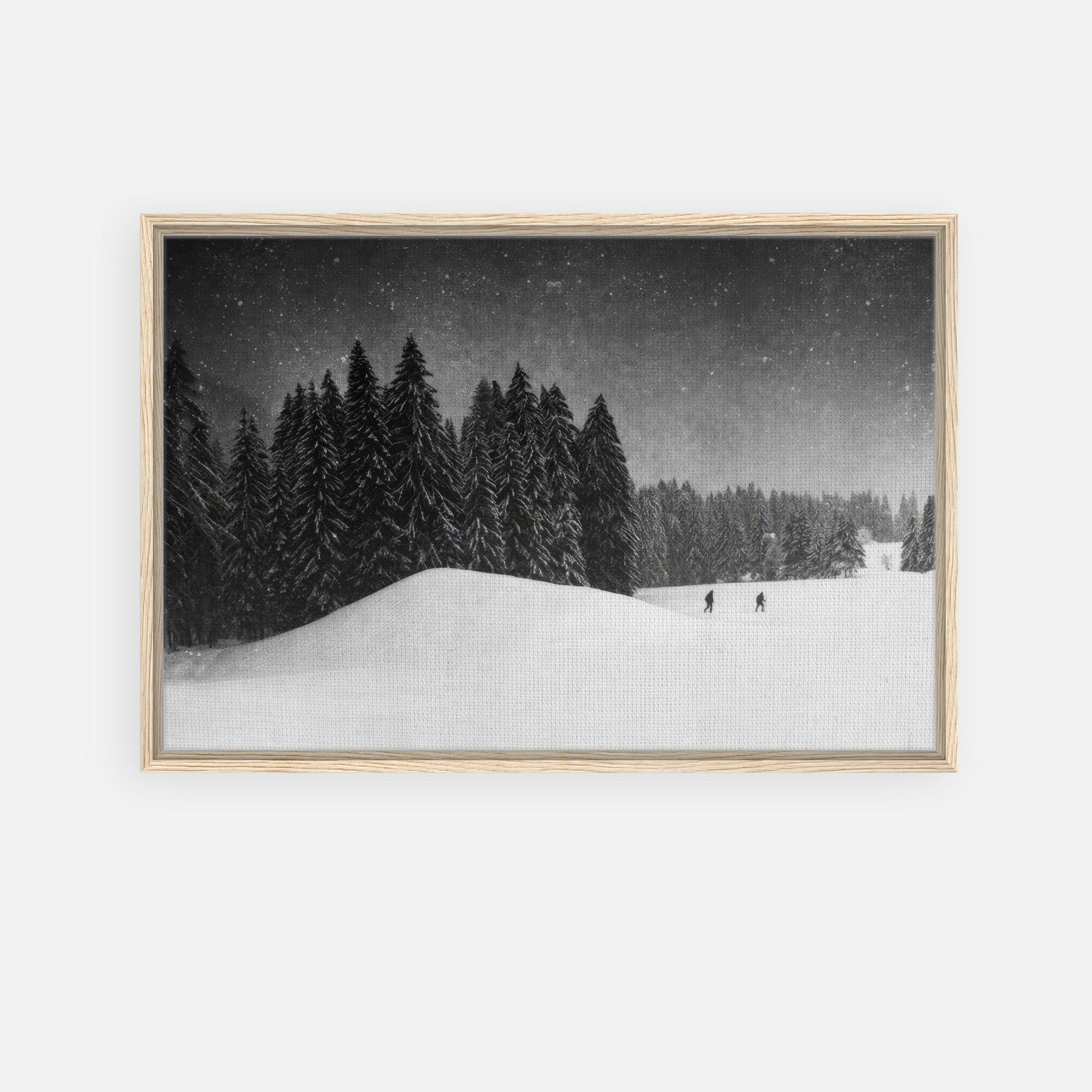 Winter Crossing Framed Canvas Print showcasing snow-covered evergreens and a snowy landscape under a starlit sky.