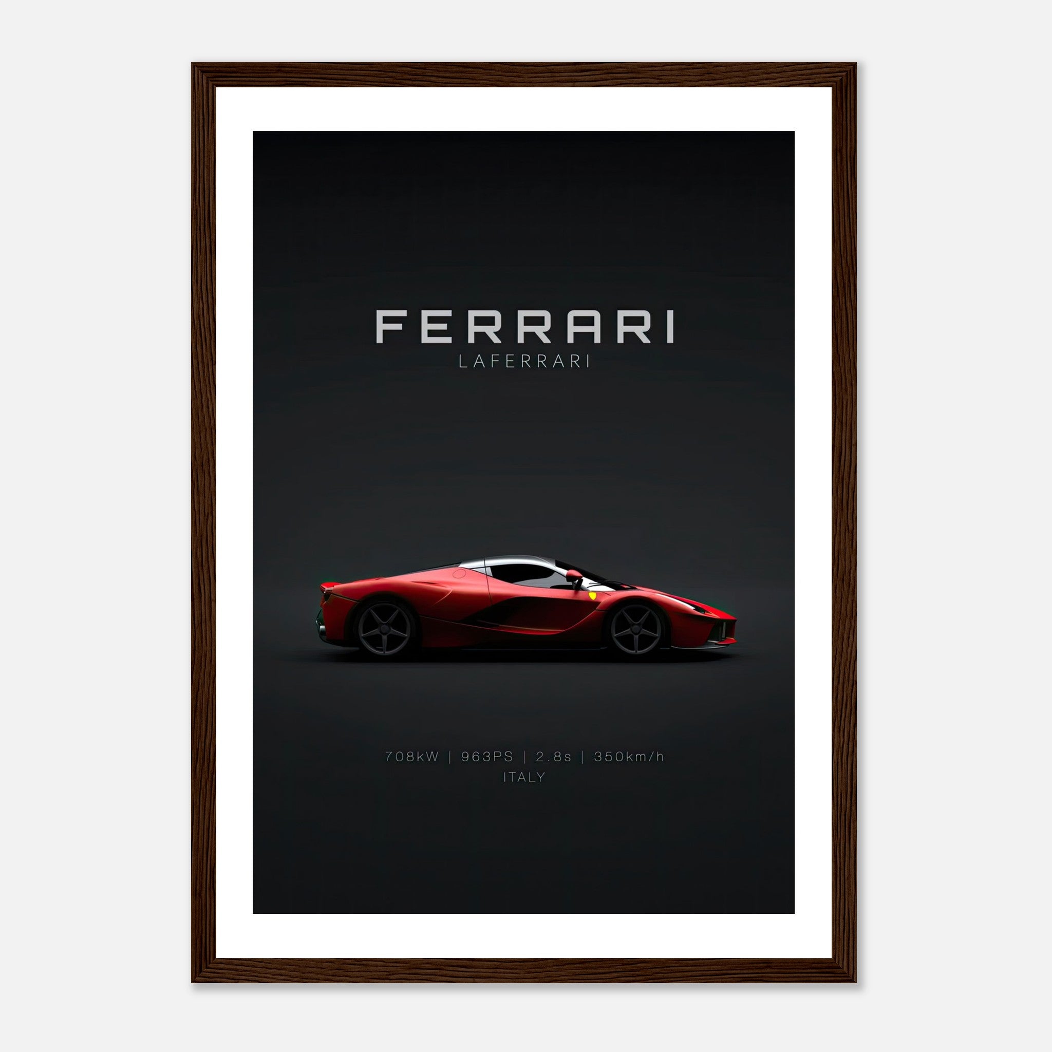 Ferrari Laferrari framed poster showcasing the iconic red hypercar on a dark background, perfect for home decor.