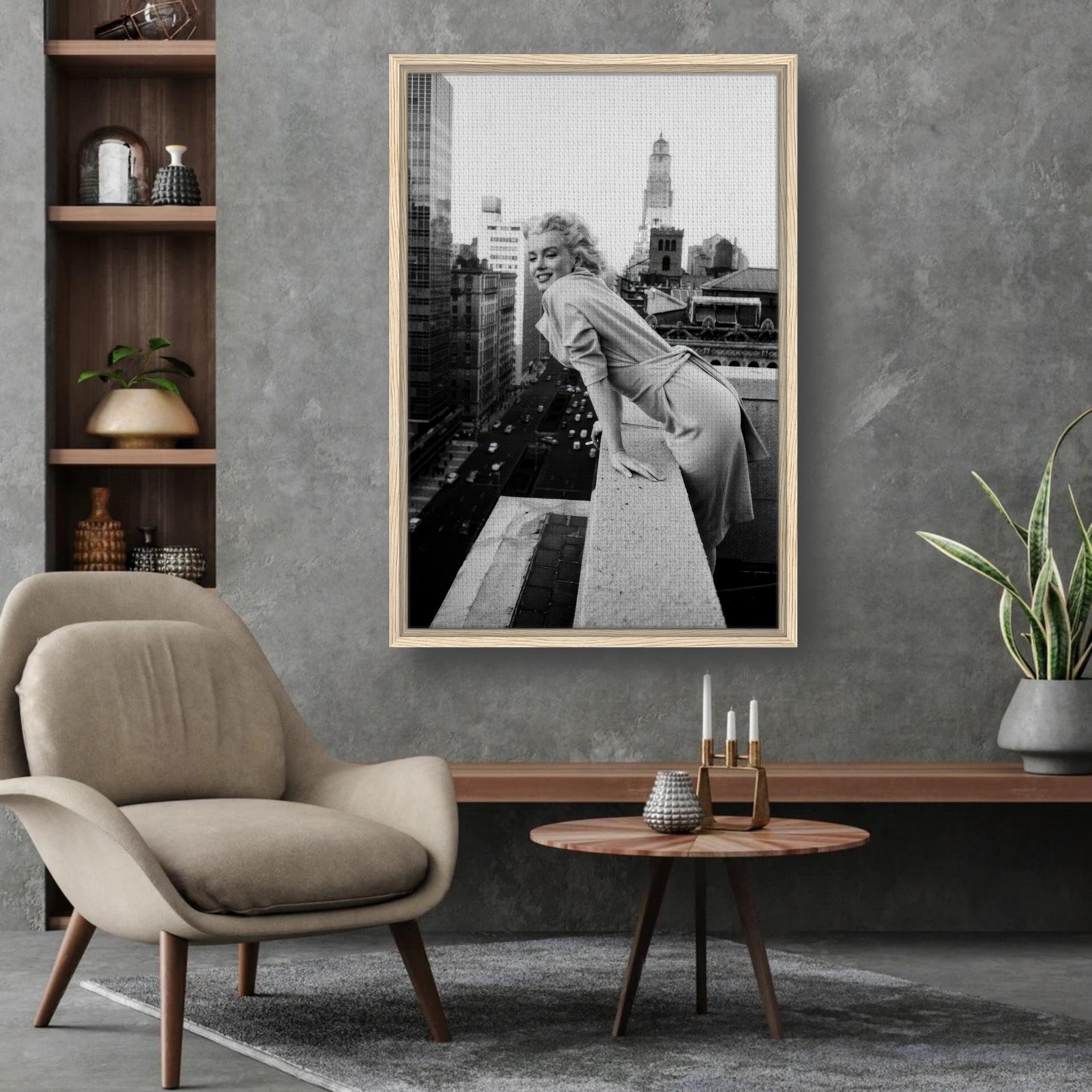 Marilyn Monroe framed canvas print on a wall, showcasing her elegance over New York rooftops in black and white.