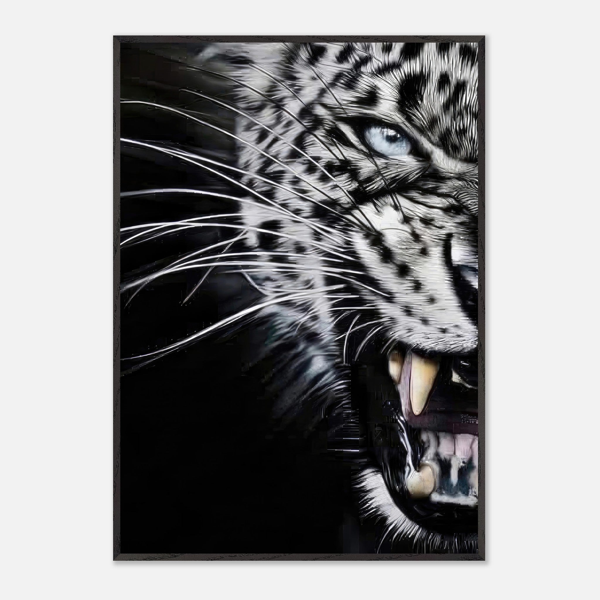 Close-up portrait of a fierce leopard showcasing its striking eyes and intricate fur patterns in fine art.
