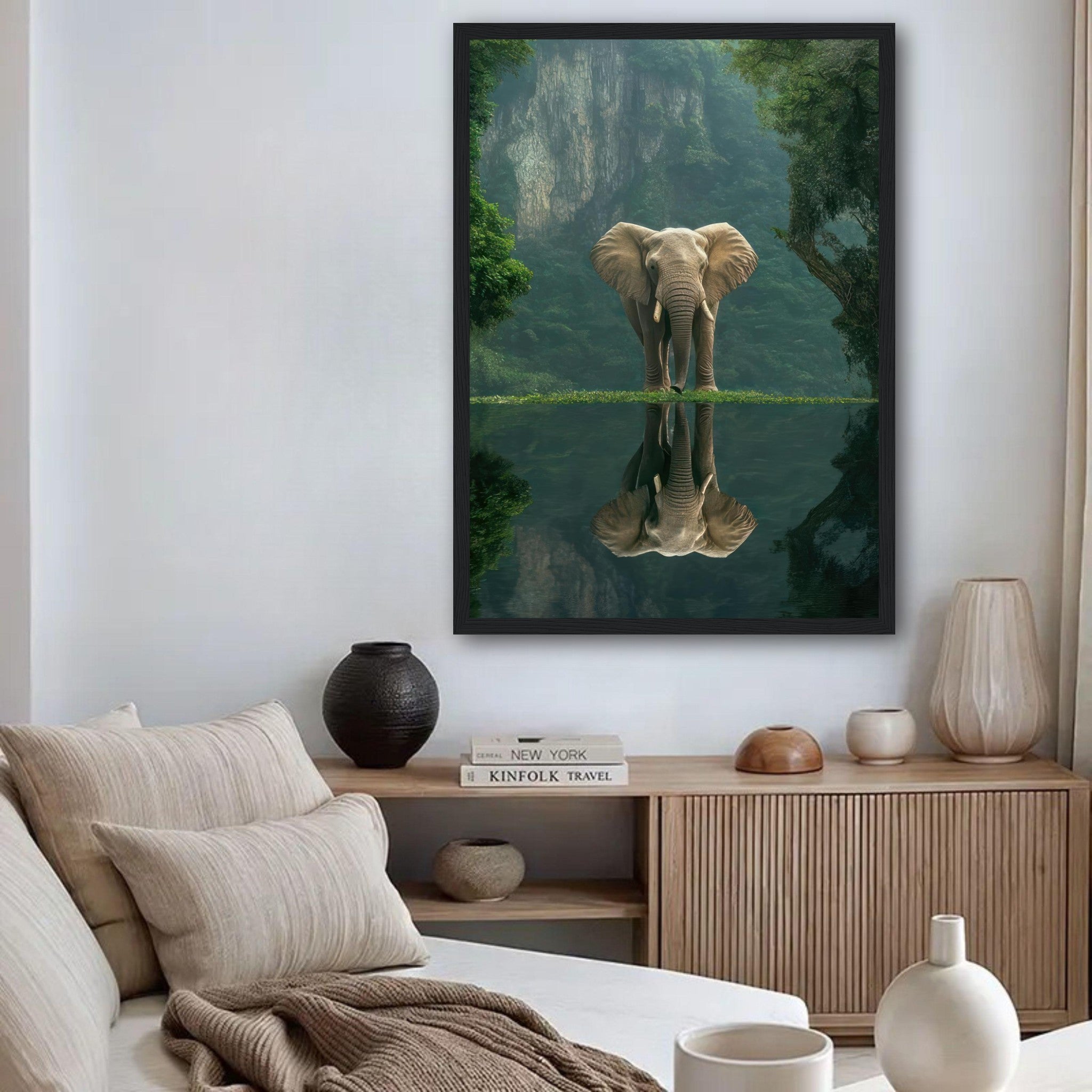 Framed Jungle Elephant Portrait print reflecting in tranquil water, enhancing room decor with nature's beauty.