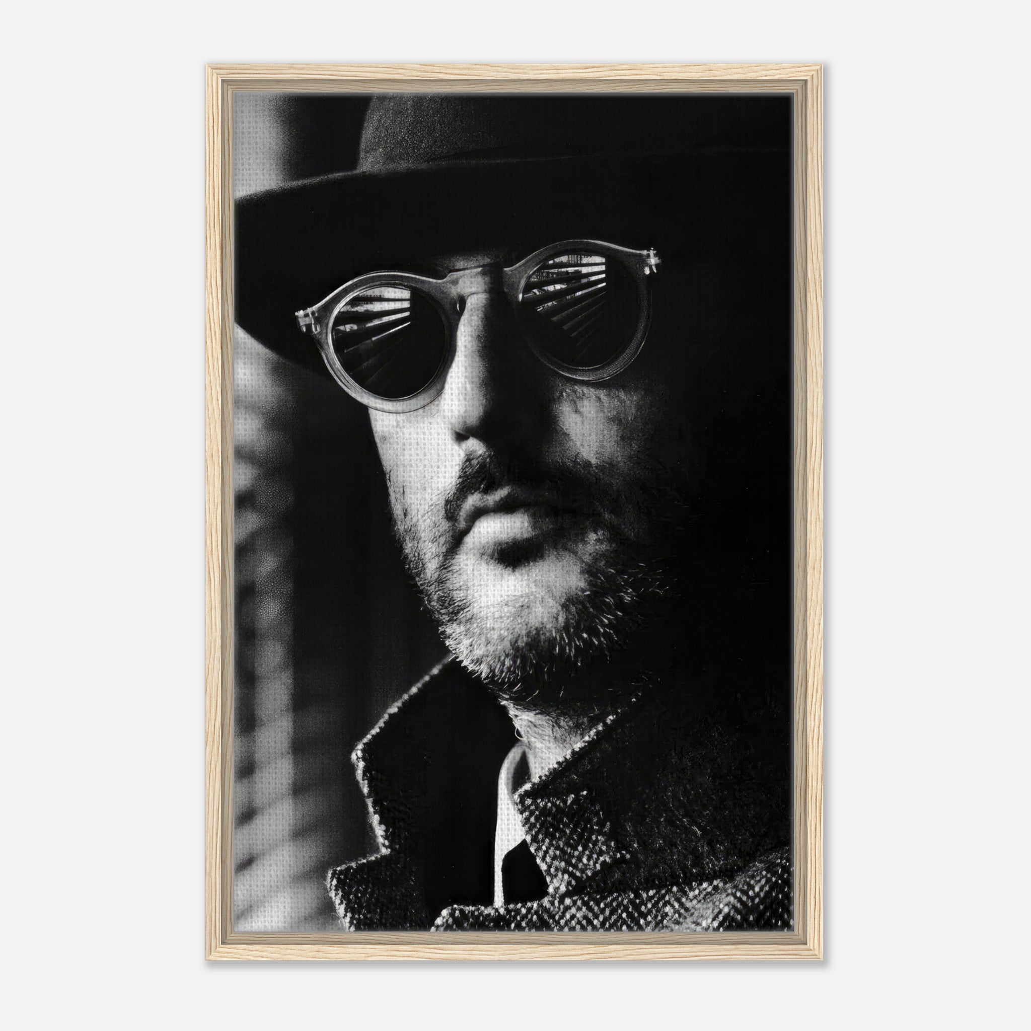 Black-and-white framed canvas print of Jean Reno in dramatic sunglasses and hat, showcasing cinematic artistry.