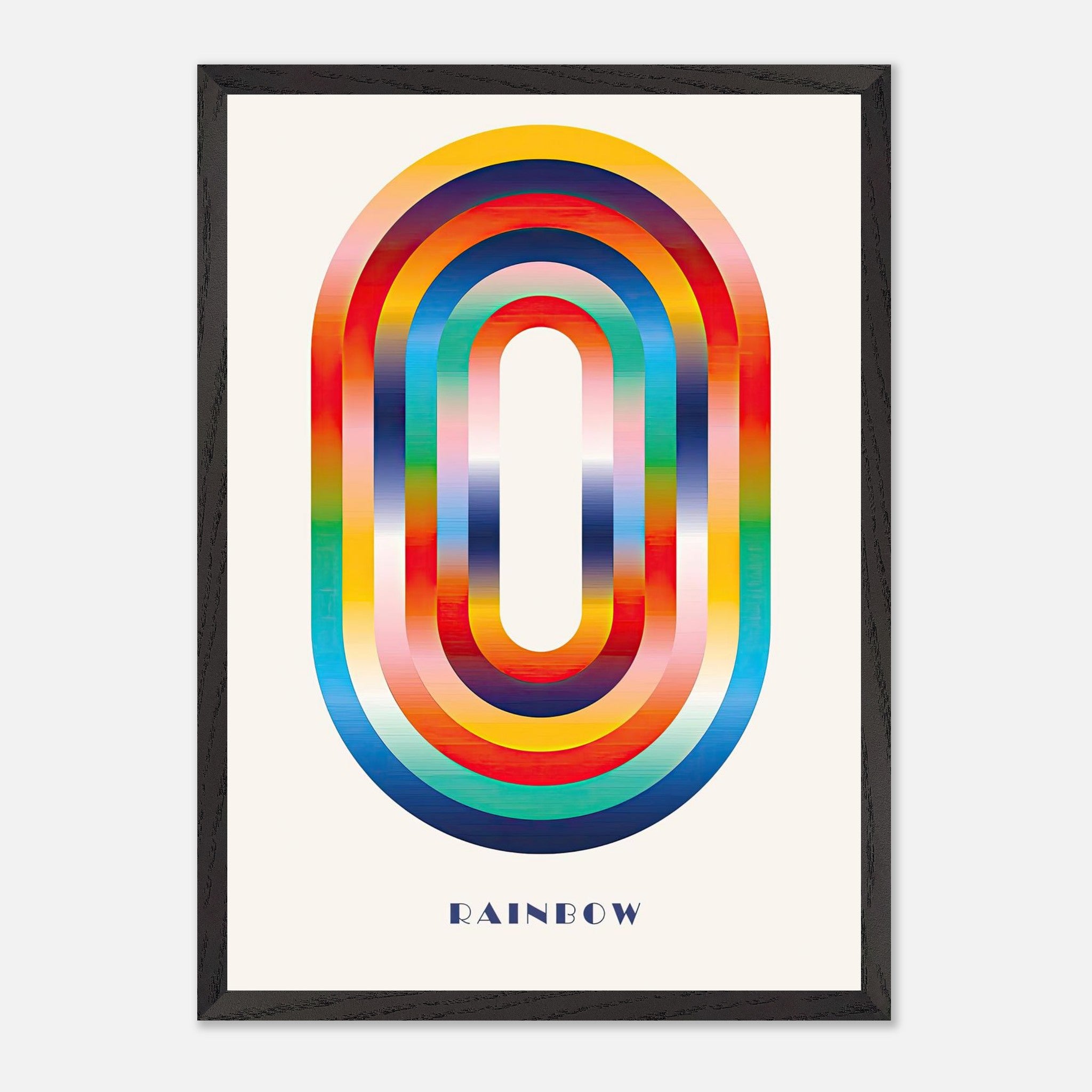 Abstract rainbow geometric art print in a vintage frame, featuring vibrant concentric circles and bold colors.