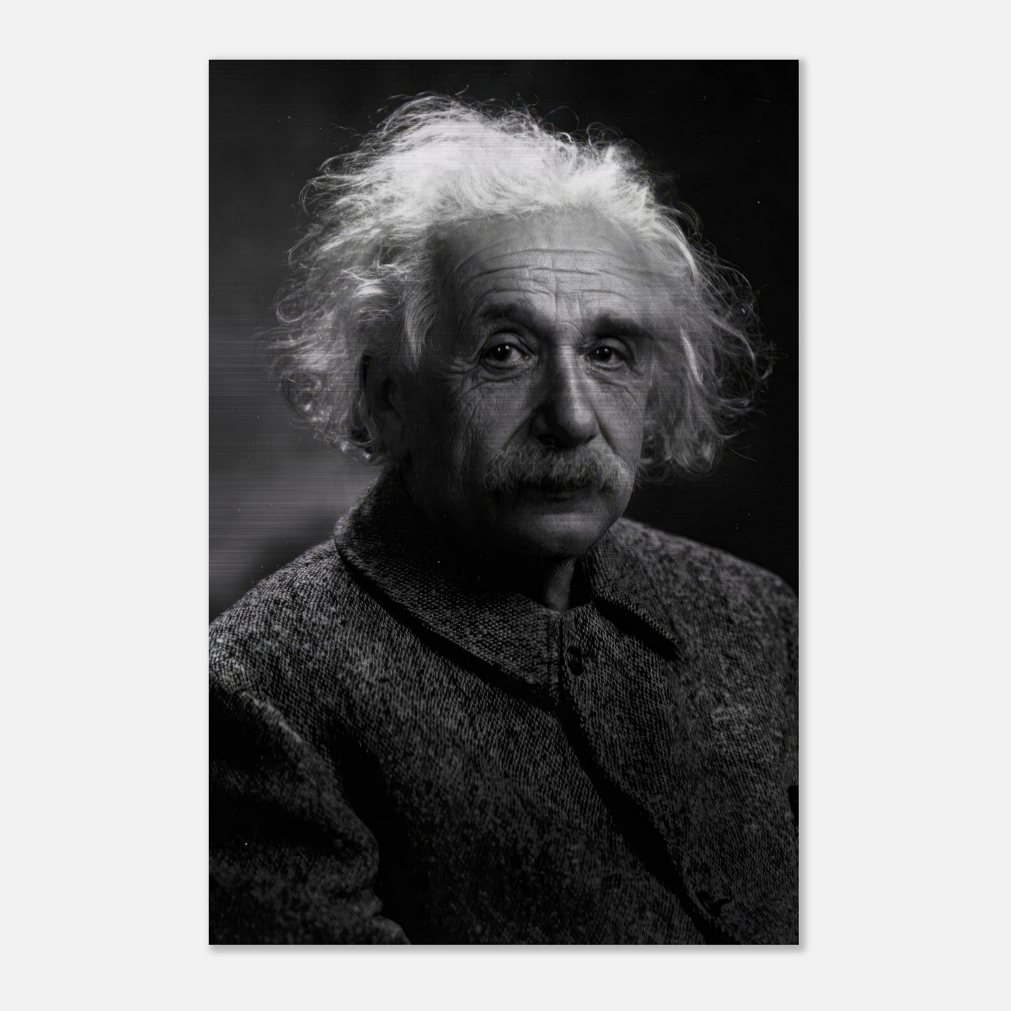 Portrait of Albert Einstein in black-and-white on brushed metal, showcasing his thoughtful expression and iconic features.