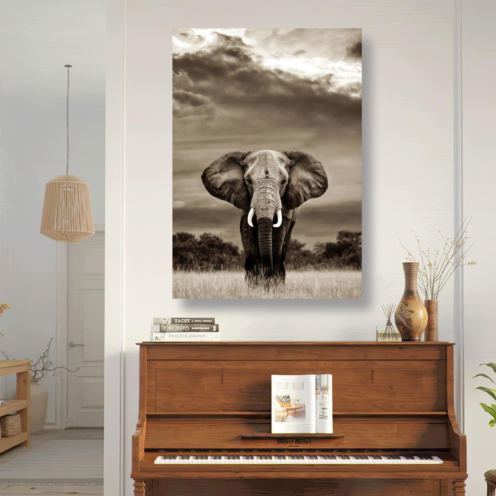 Stunning black-and-white elephant portrait metal print showcasing its strength and majesty in a serene home setting.