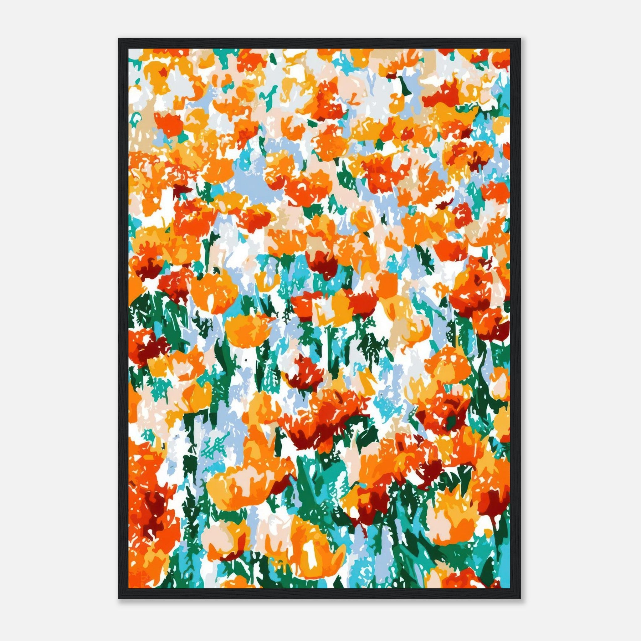 Vibrant abstract floral tulip garden framed print with bold oranges, reds, and greens, capturing a colorful blooming field.