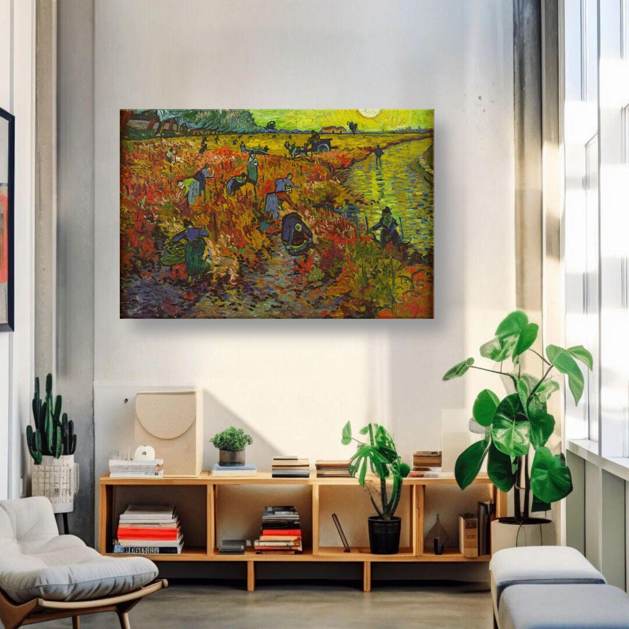 The Red Vineyard by Van Gogh canvas print in a modern living room setting, showcasing vibrant autumn colors.