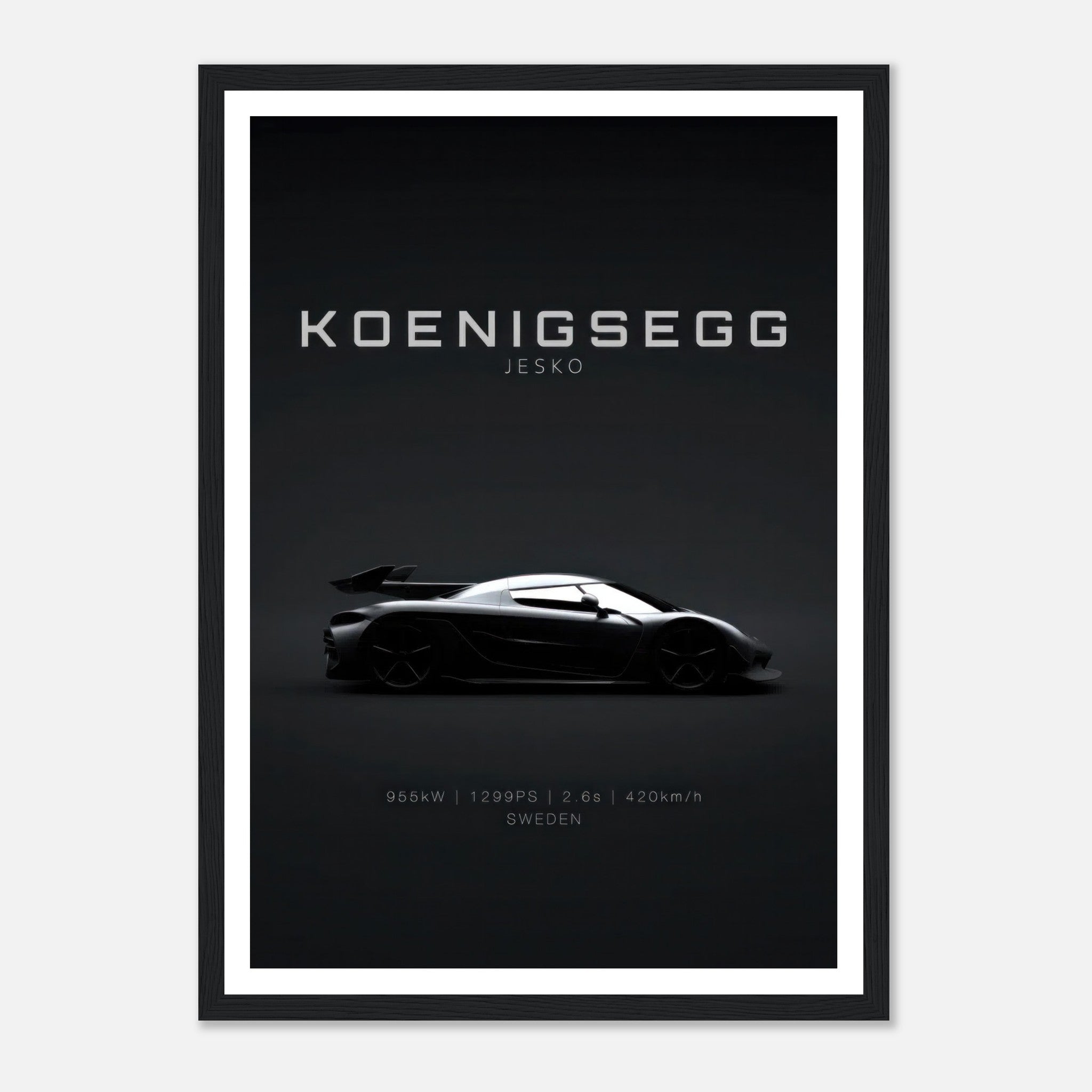 Koenigsegg Jesko framed poster showcasing the sleek silhouette of the hypercar on a minimalist black background.