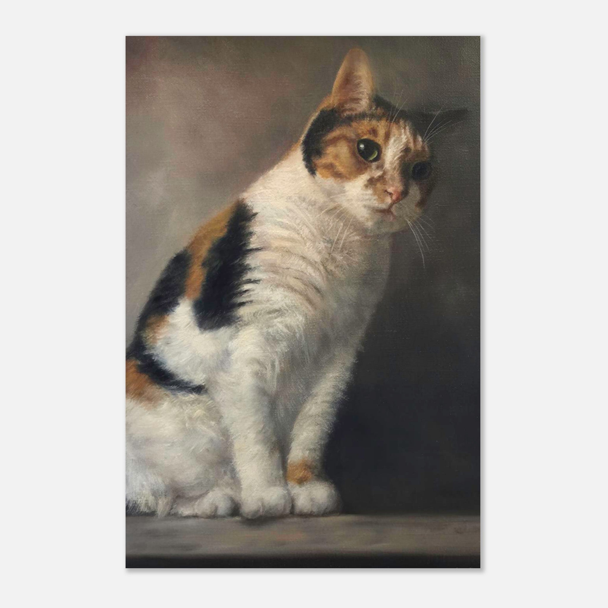 Realistic cat portrait painting metal print showcasing lifelike details and expressive eyes of a calico cat.