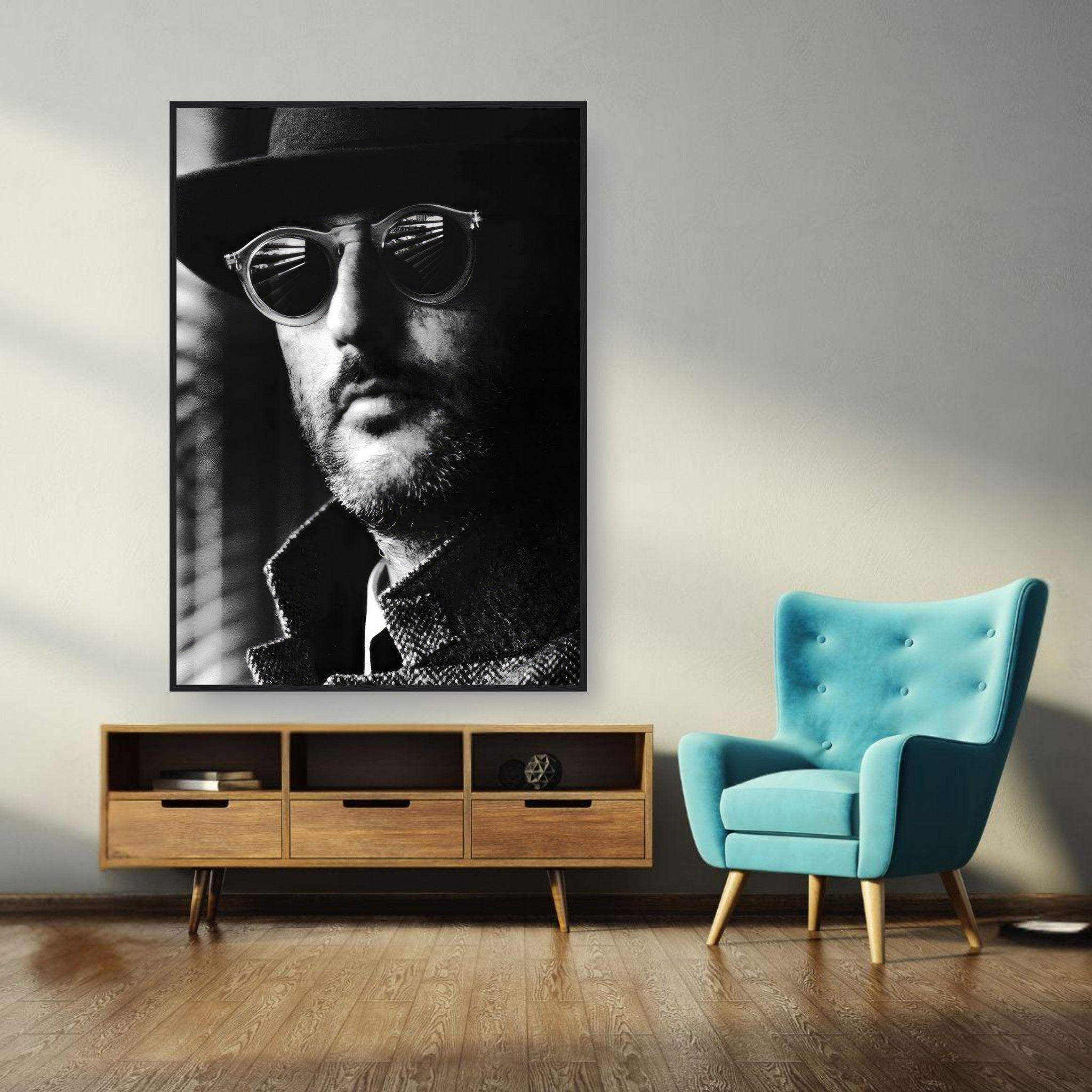 Jean Reno Leon Photography framed print displayed in a stylish interior with modern decor.