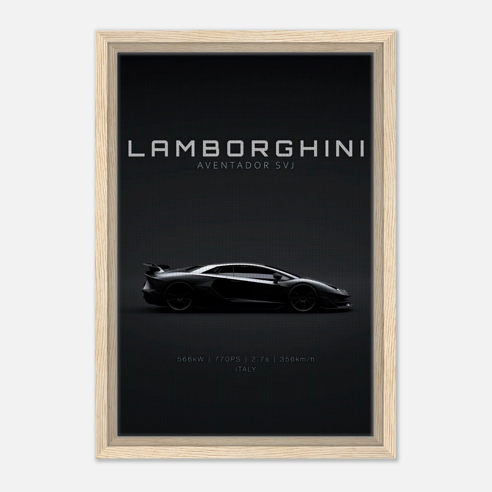 Lamborghini Aventador SVJ framed canvas artwork showcasing its sleek silhouette and elegant design.
