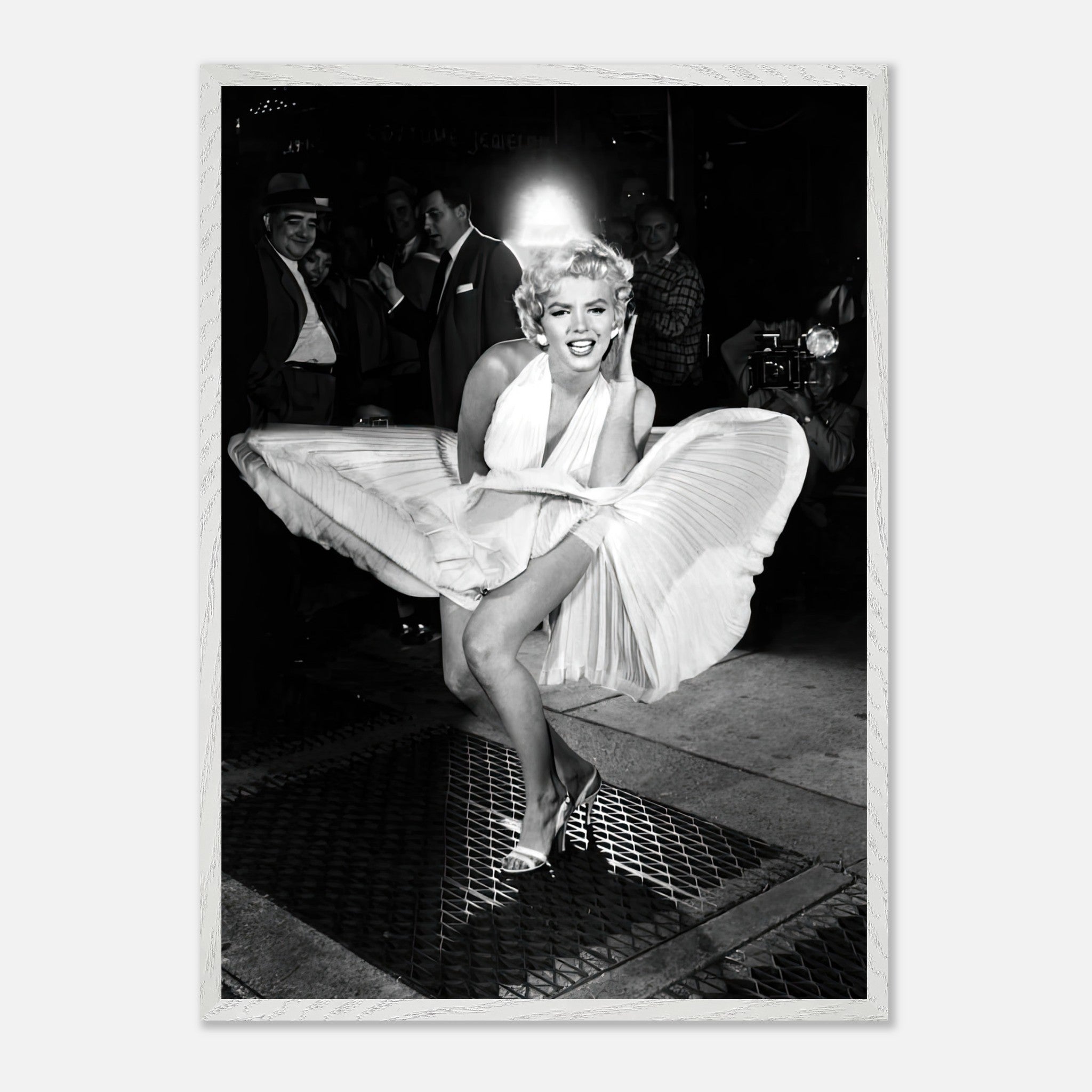 Marilyn Monroe in iconic white dress, playfully caught by wind, exuding glamour and charm in a legendary moment.