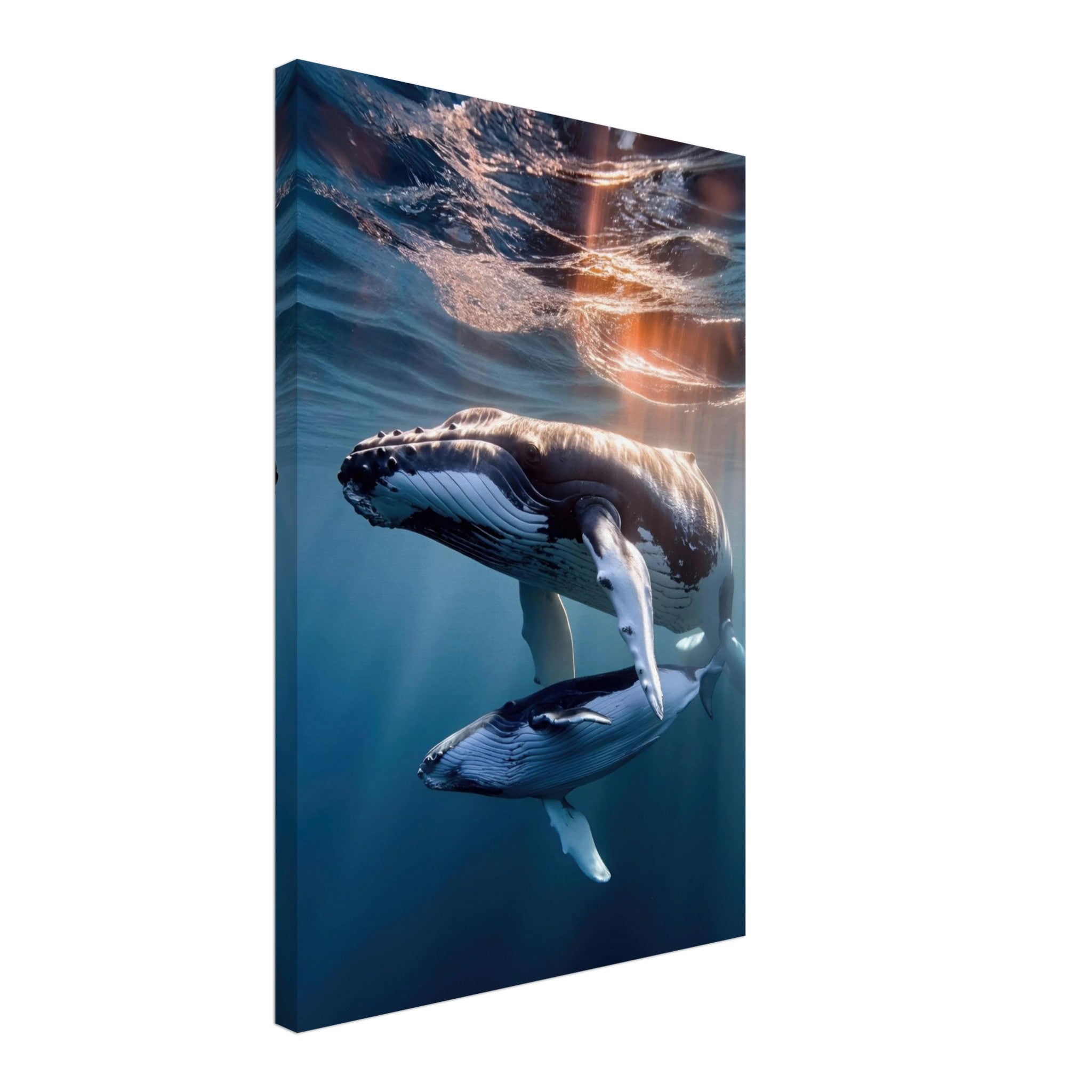 Underwater photography canvas print of a mother humpback whale and calf swimming in blue waters.