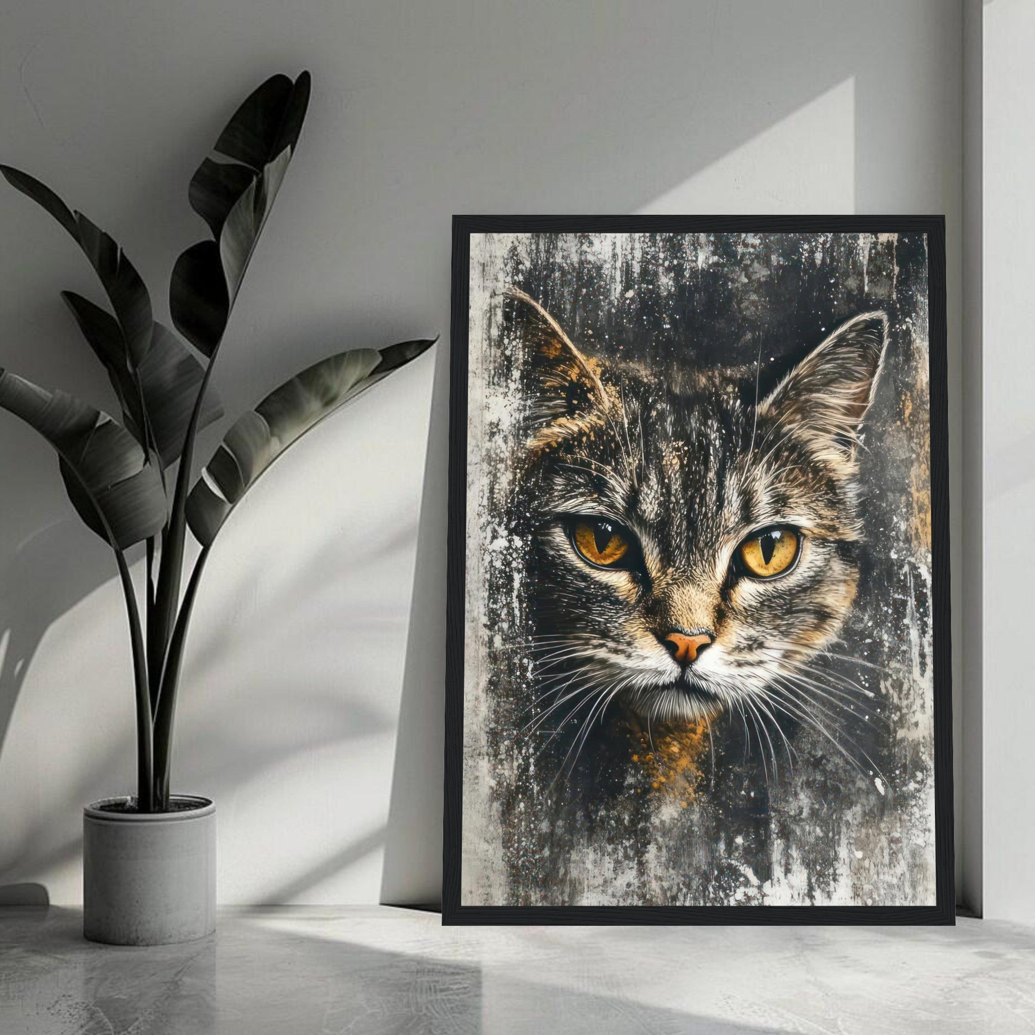 Framed cat painting artwork featuring a close-up of a cat with golden eyes, enhancing home decor.