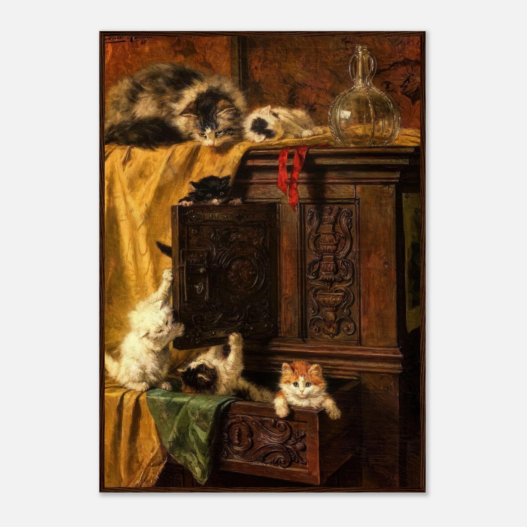 Vintage cat painting framed print featuring playful kittens exploring an antique cabinet.