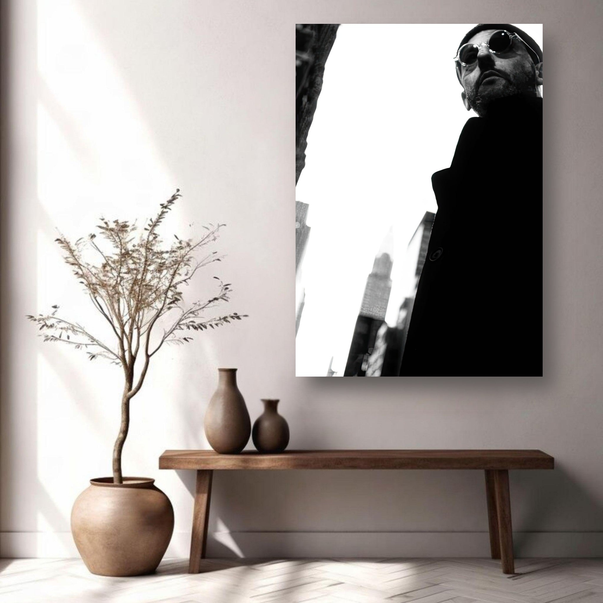 Jean Reno Metal Print in a modern interior, showcasing bold monochrome artistry and cinematic inspiration.