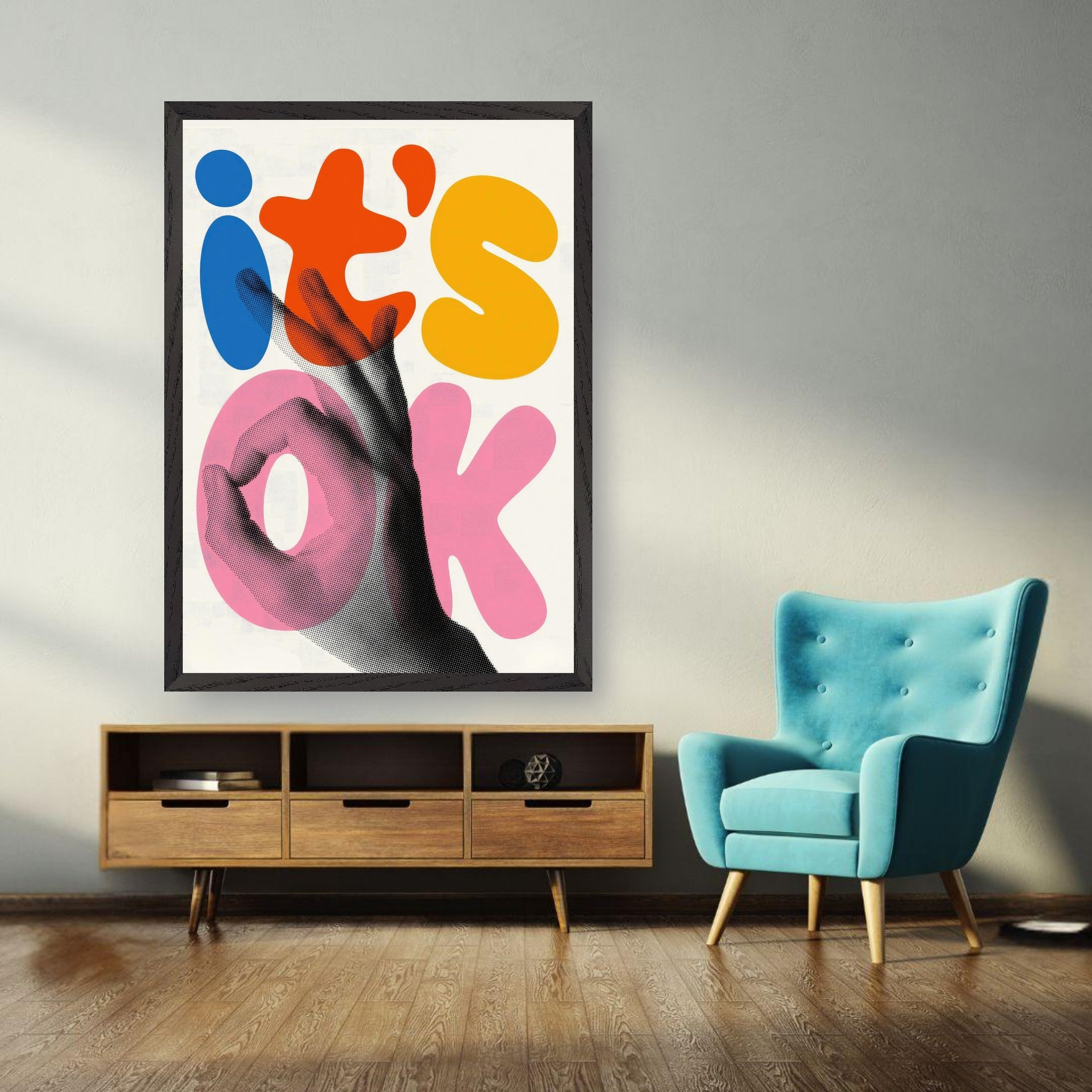 Retro abstract pop art print 'It's Ok' featuring bold colors and hand illustration in modern living room decor.