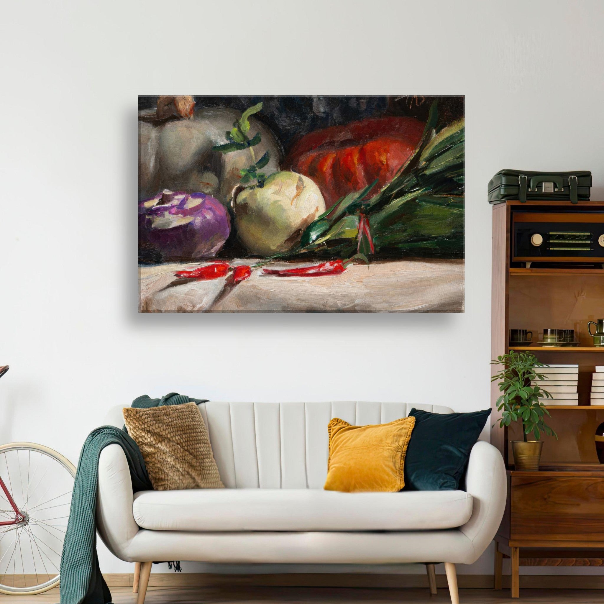 Kohlrabi, pumpkins, and chilis canvas print in a cozy living room setting, enhancing rustic decor.
