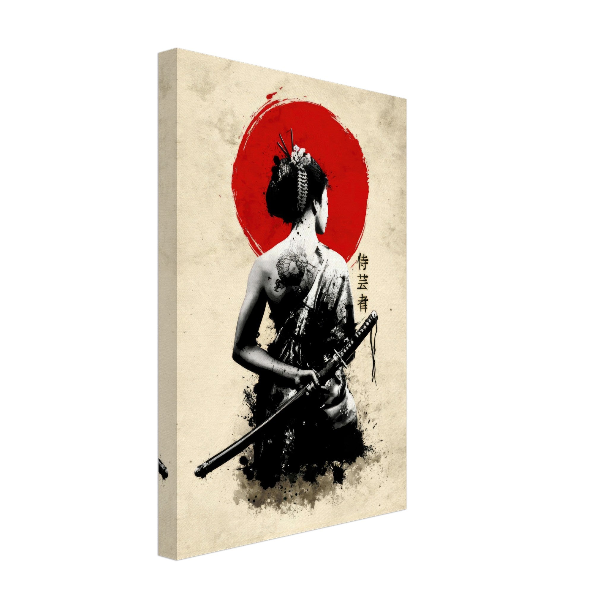 The Samurai Geisha Canvas featuring a poised geisha with a katana against a bold red sun, blending strength and elegance.