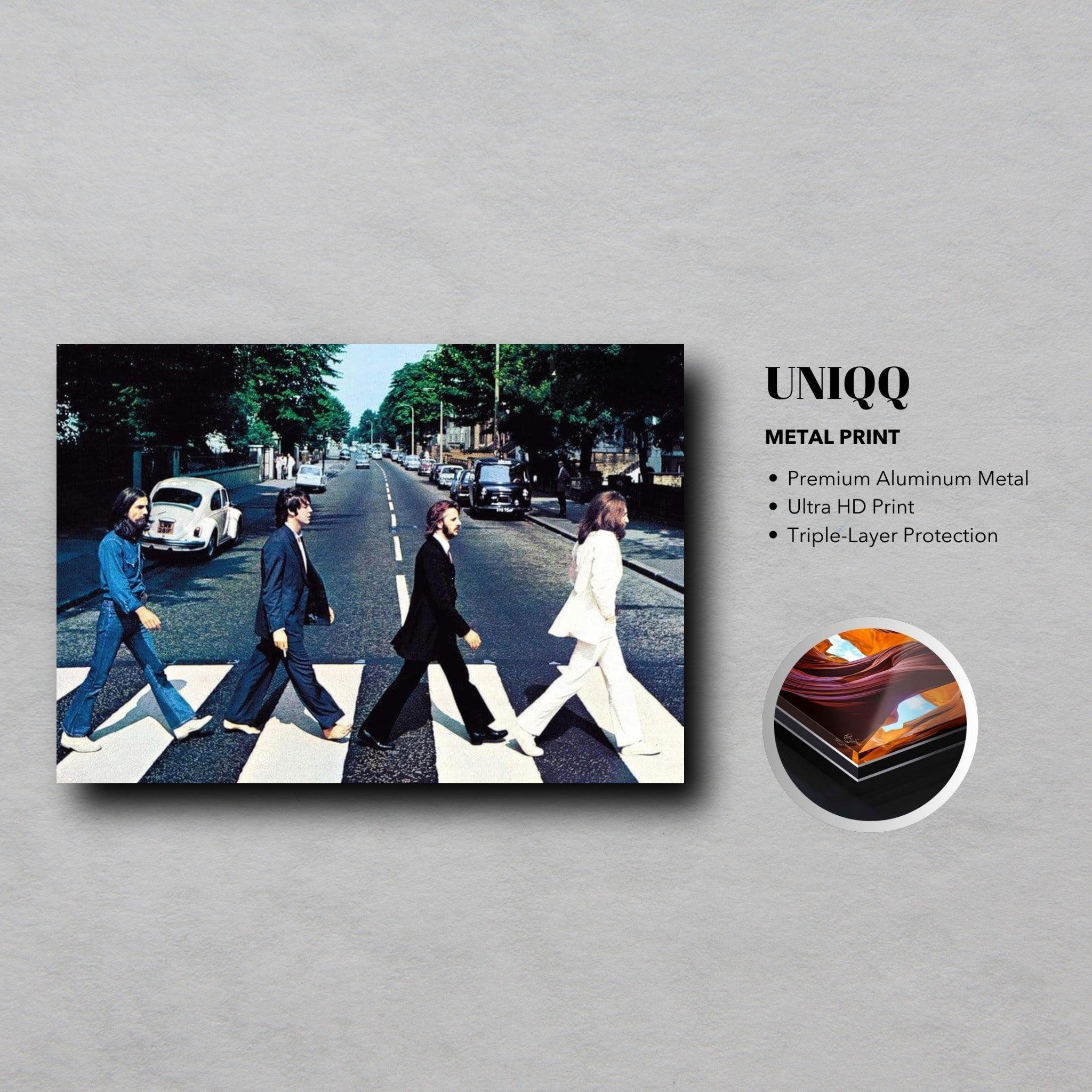 The Beatles Abbey Road metal print showcasing iconic album art on premium aluminum with ultra HD quality.