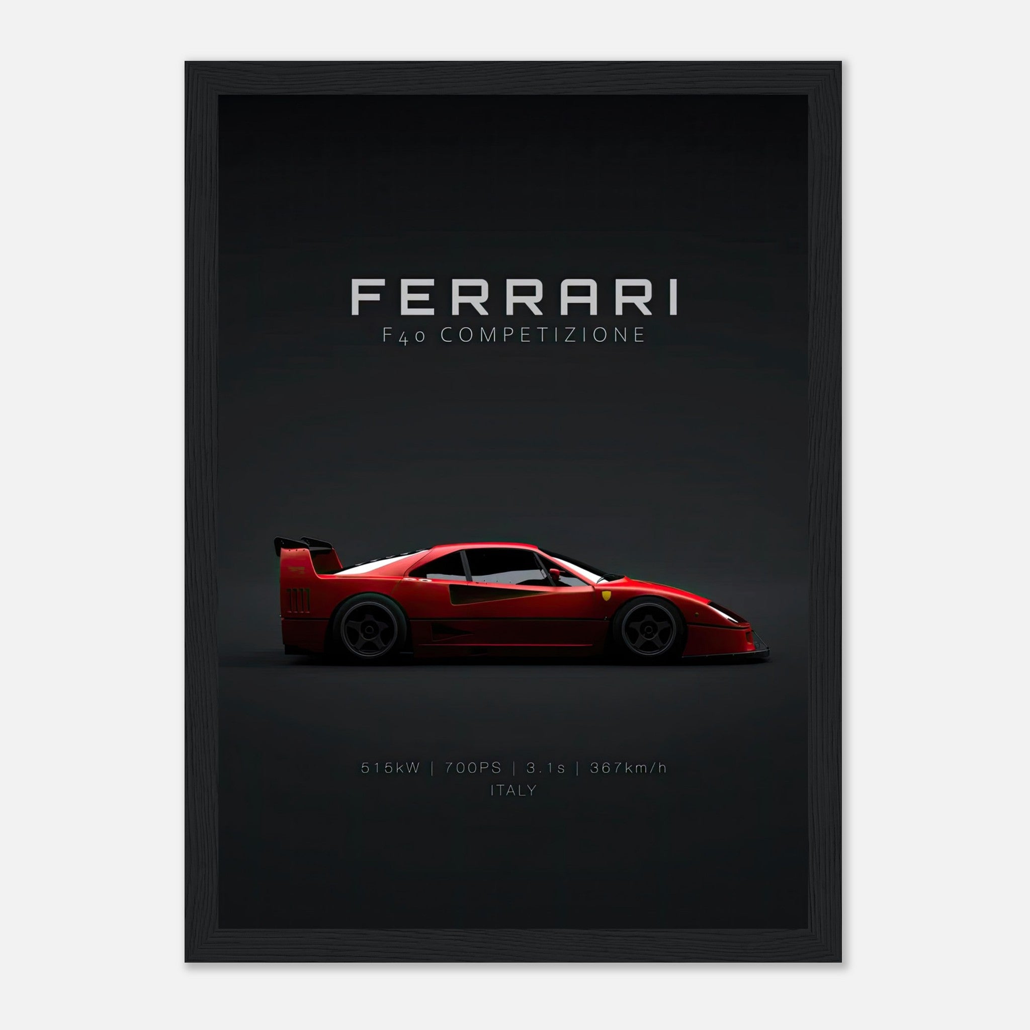 Ferrari F40 Competizione framed poster showcasing sleek red supercar against a dark minimalist backdrop.