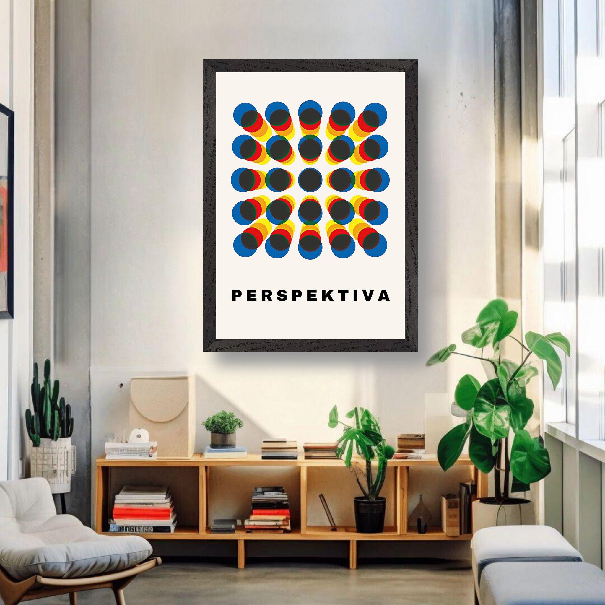 Perspective Abstract Art Vintage Framed Print with geometric design and the word 'PERSPEKTIVA' on a wall.