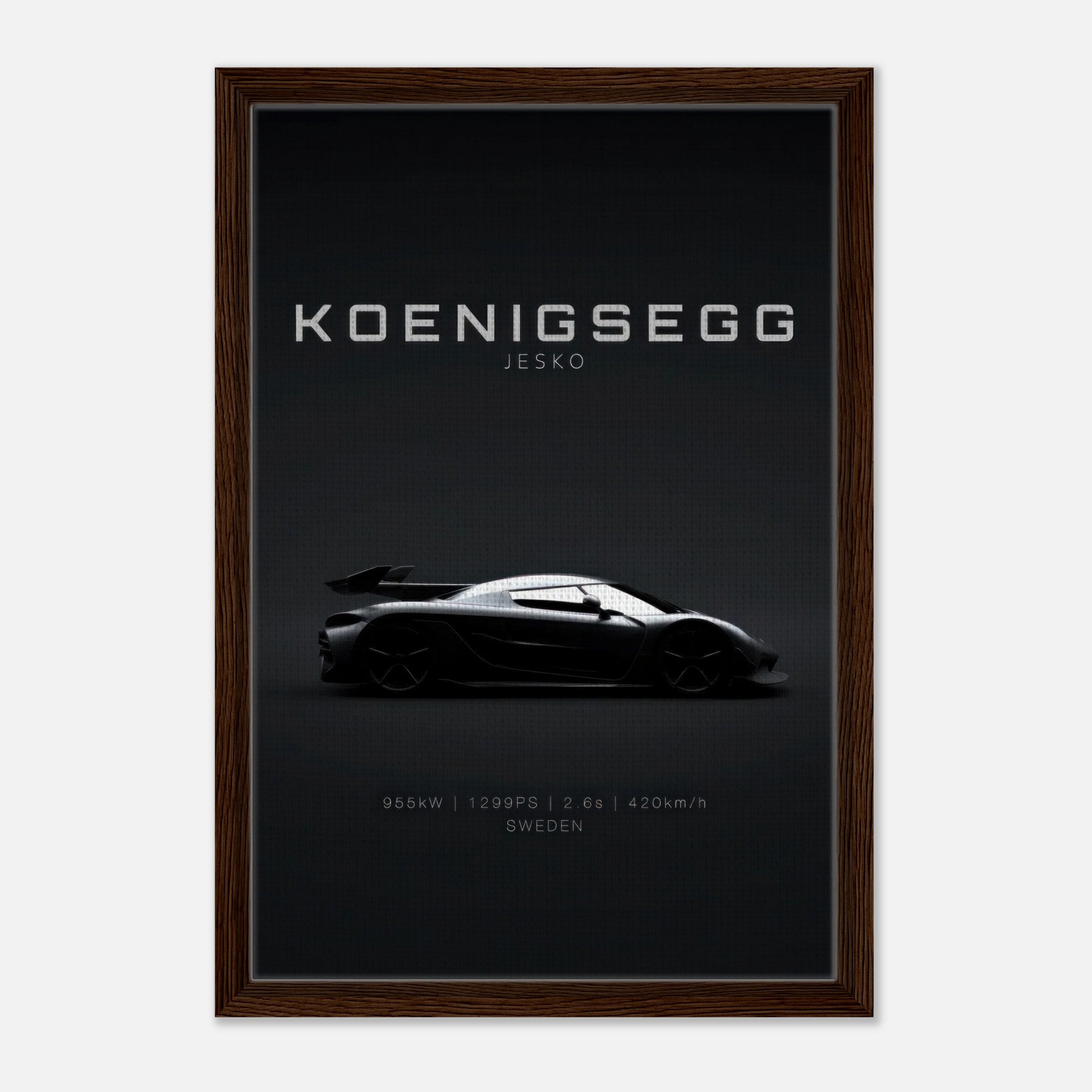 Koenigsegg Jesko Framed Canvas Print showcasing sleek hypercar silhouette on a minimalist black background.