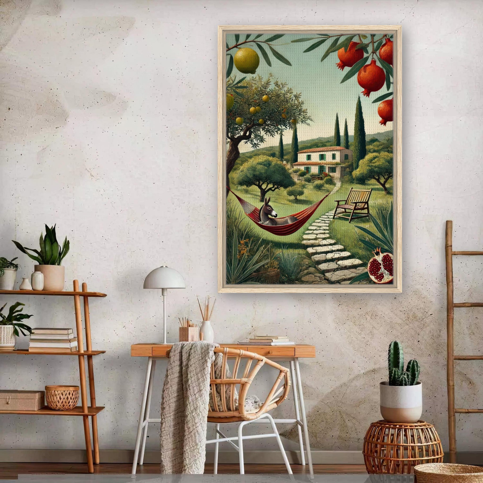 Framed canvas print of a Mediterranean rural landscape featuring olive trees, a charming farmhouse, and a relaxed donkey.