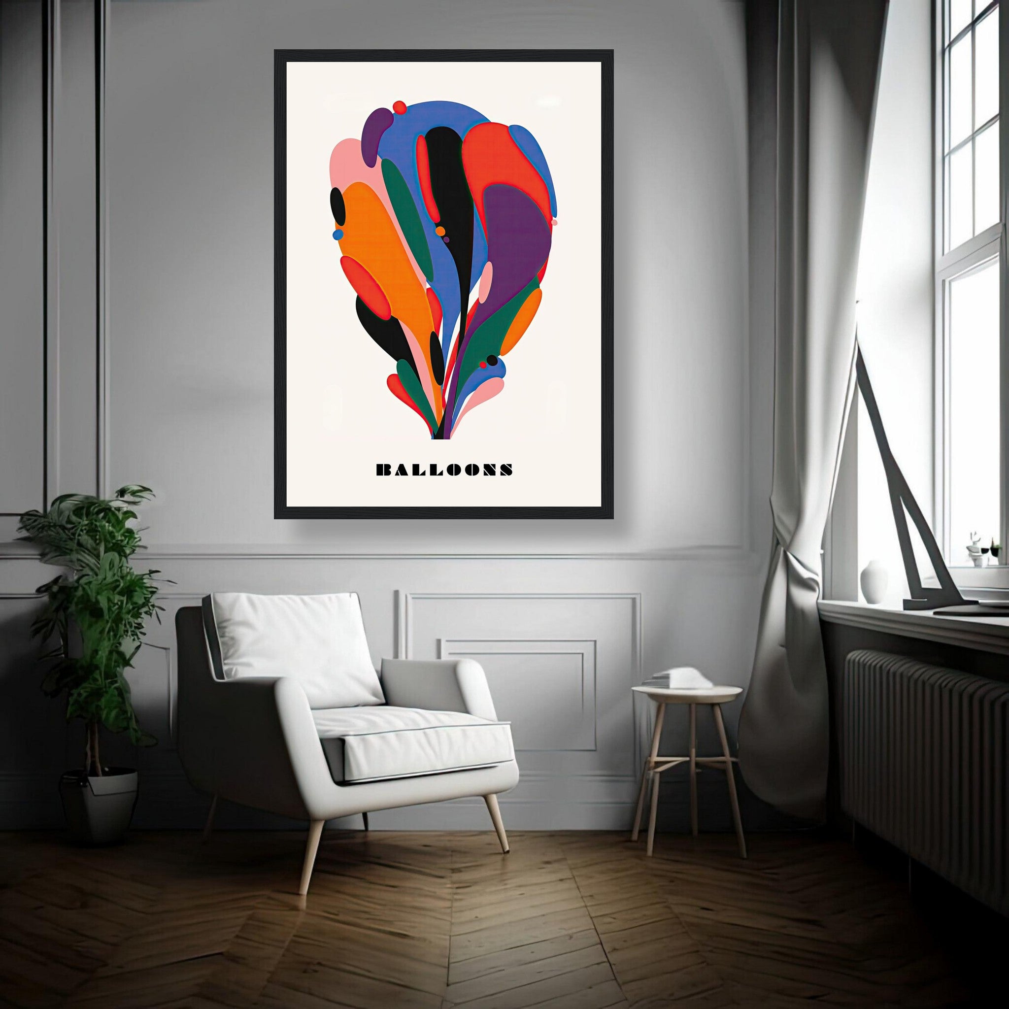 Abstract Balloon Art framed print featuring vibrant colors and dynamic shapes, enhancing modern decor.