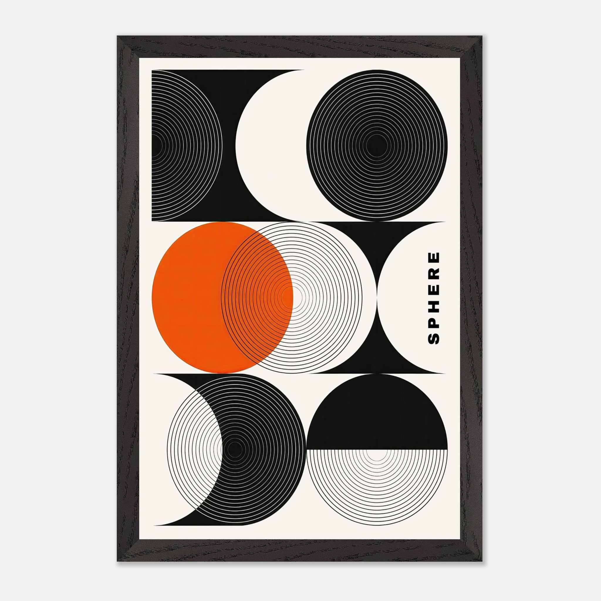 Abstract geometric sphere art print featuring bold black, white, and orange concentric circles on a minimalist background.