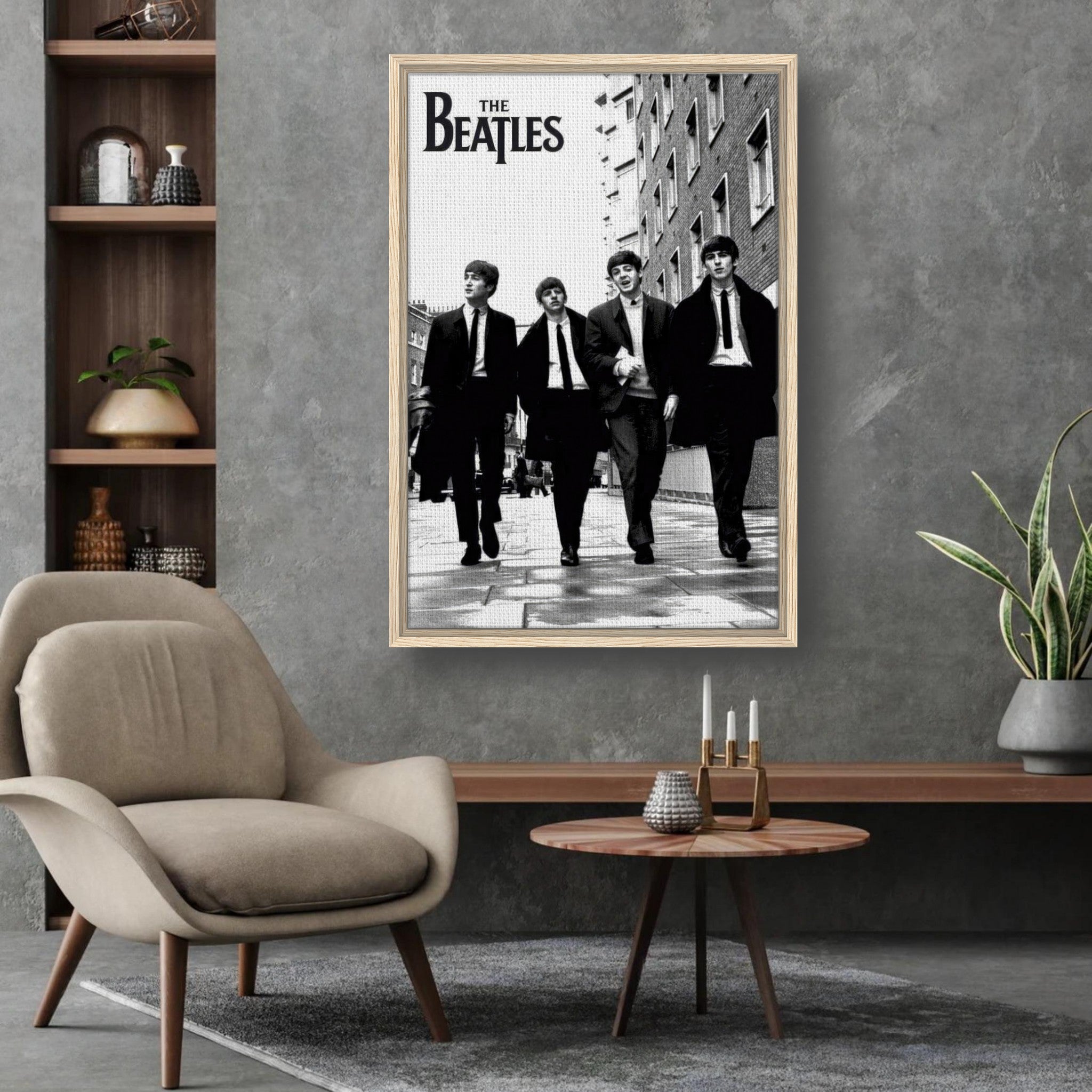 Framed canvas print of The Beatles walking in suits, perfect for music lovers and home decor.