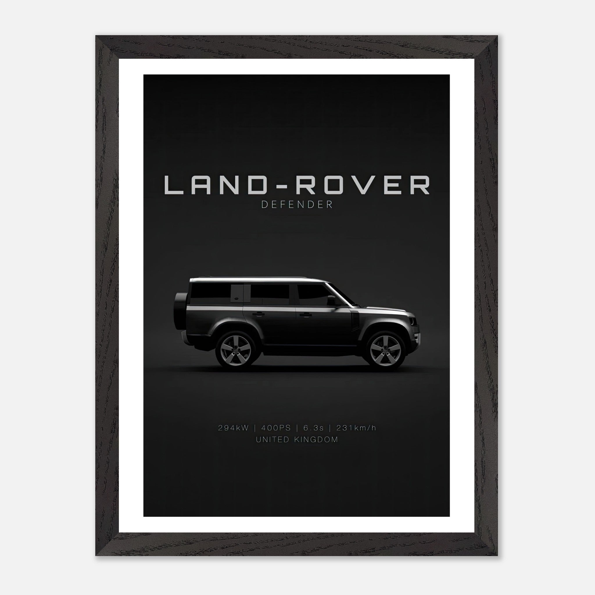 Framed vintage art of Land Rover Defender showcasing its sleek silhouette against a black background.