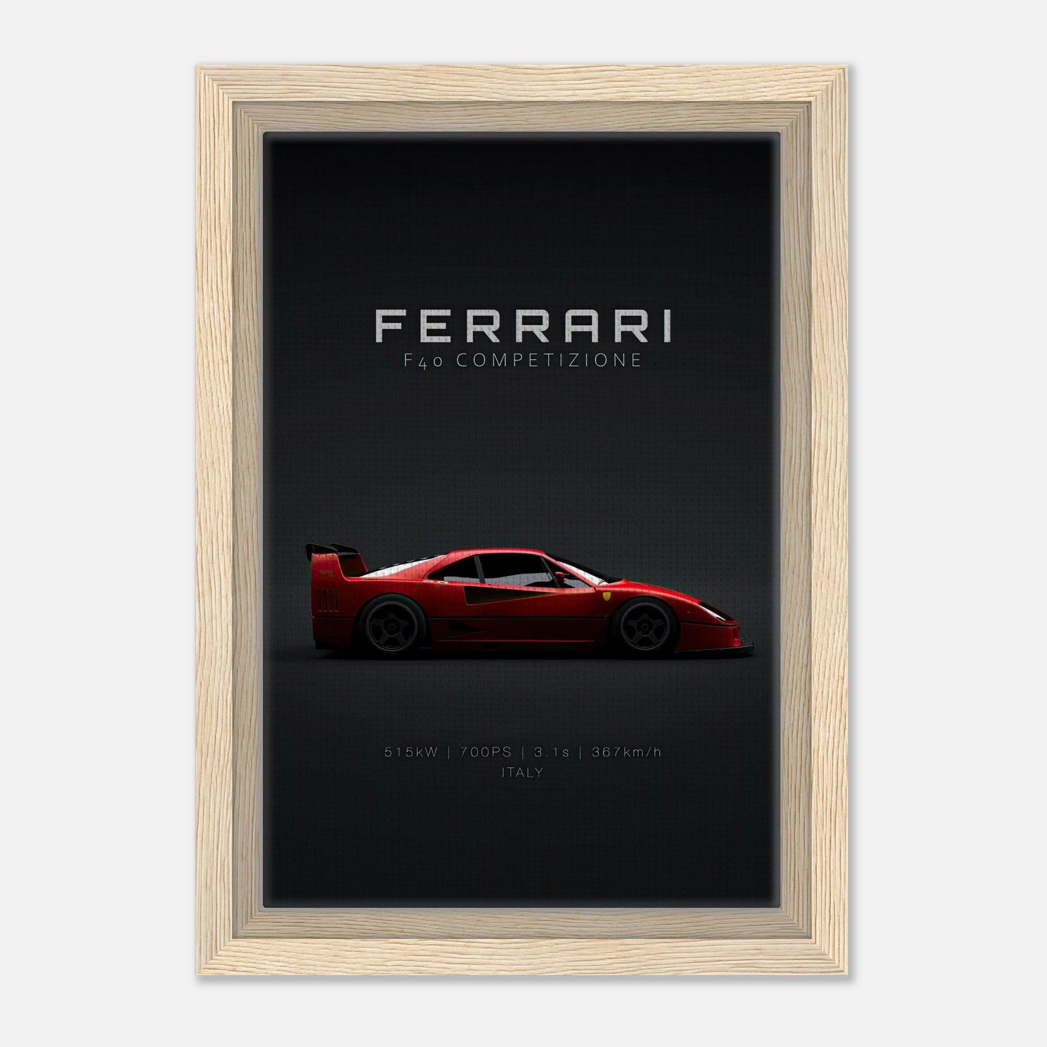 Framed canvas of Ferrari F40 Competizione showcasing its sleek design on a minimalist background.
