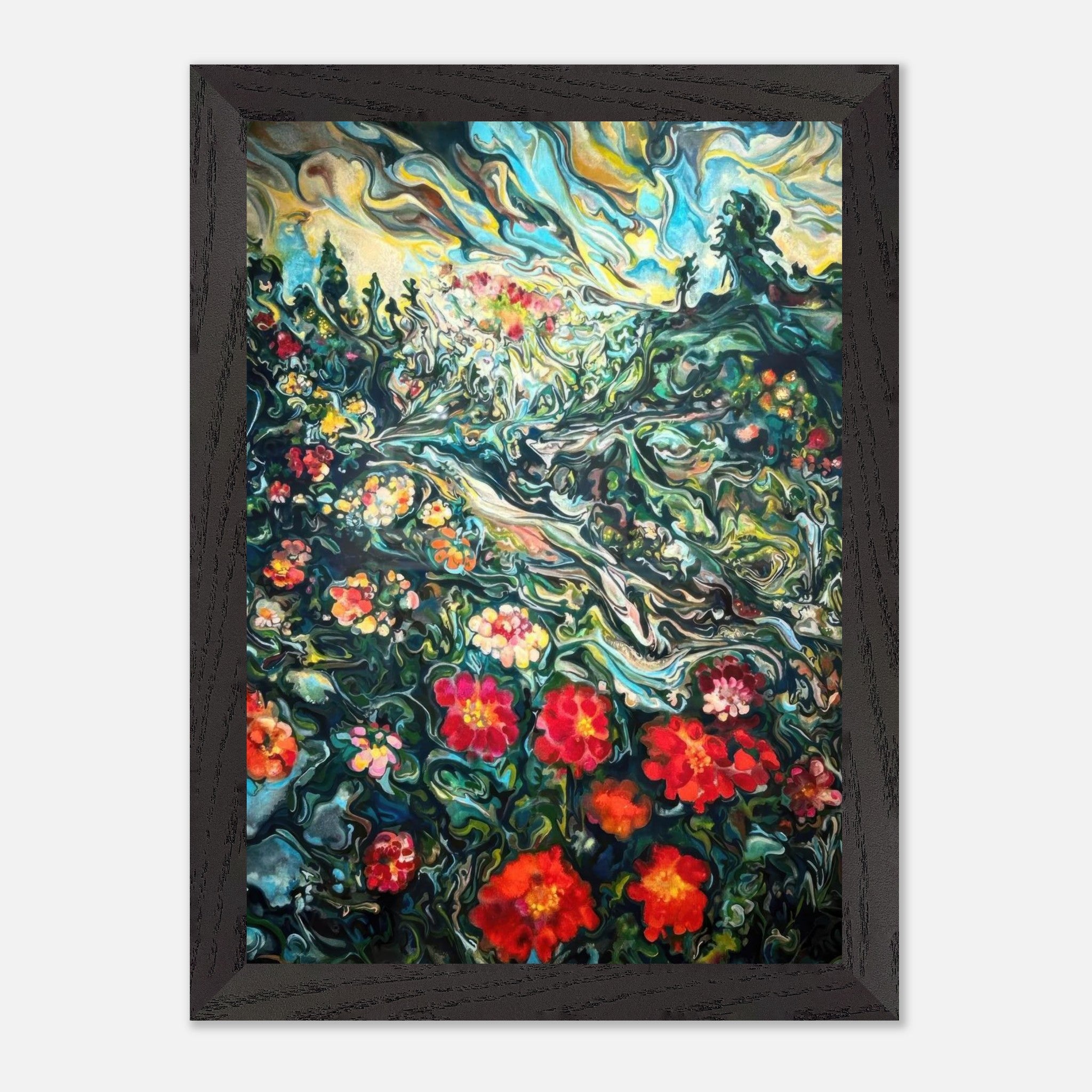 Abstract floral landscape painting in vintage frame, featuring vibrant flowers and swirling colors, perfect for home decor.