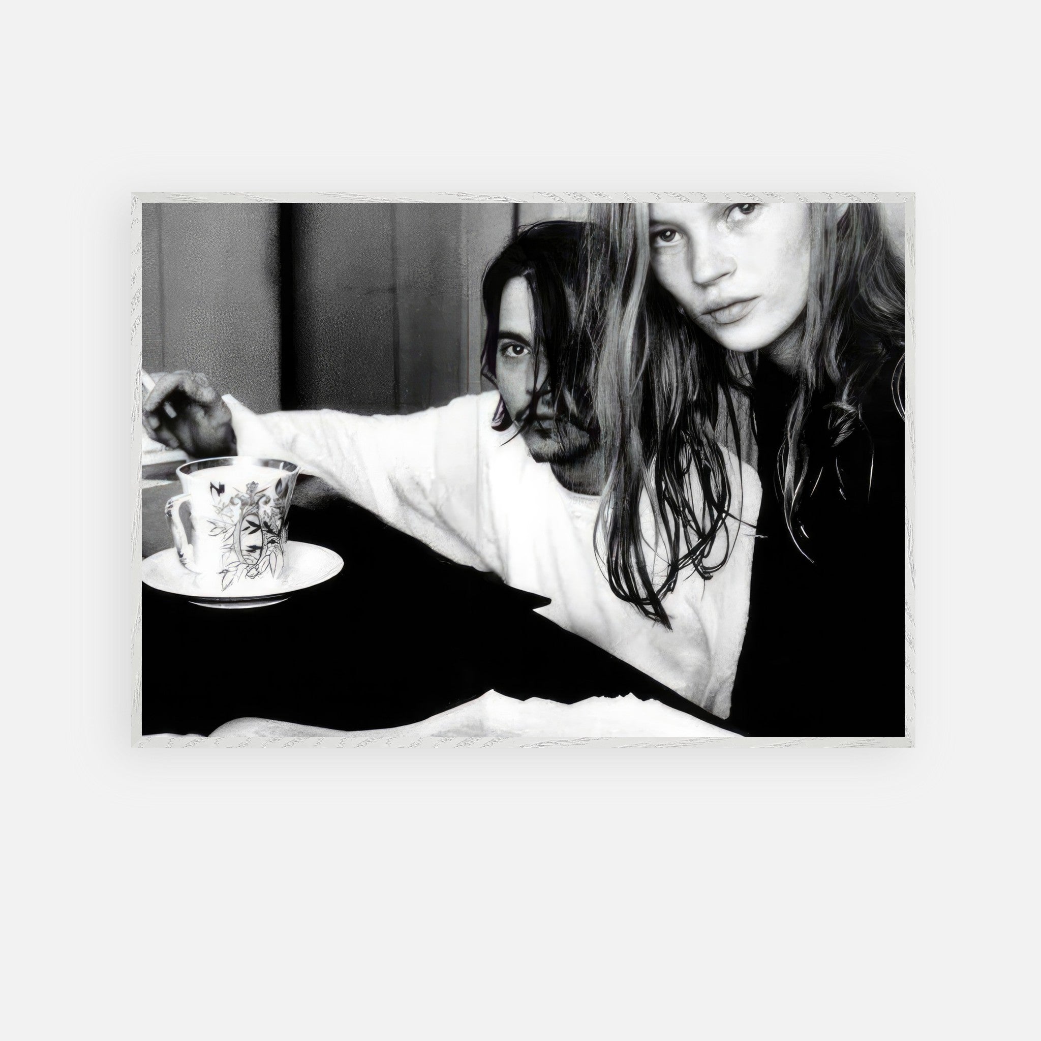 Rebel Romance fine art print of Johnny Depp and Kate Moss, capturing 90s rebellion in black-and-white.