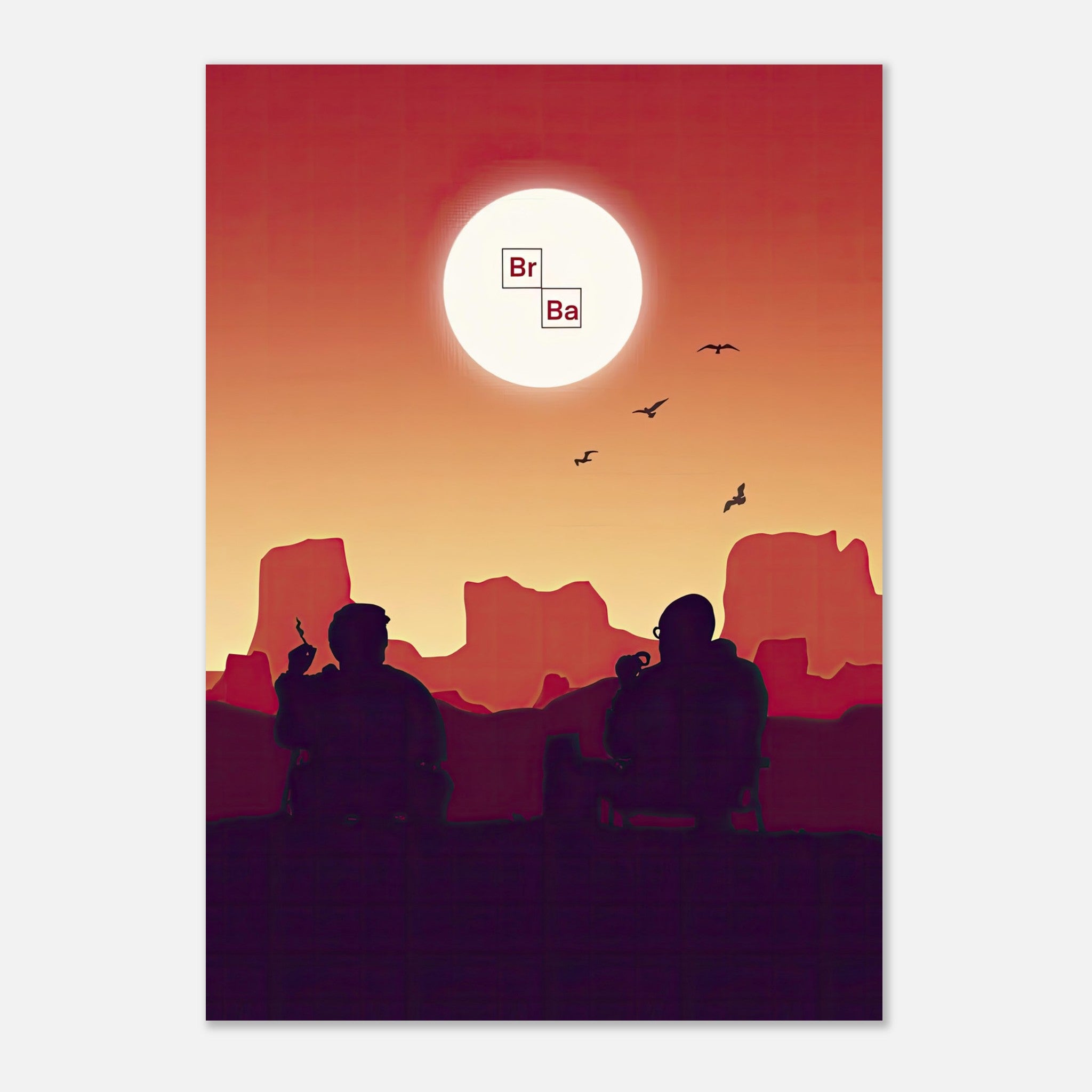 Sunset Breaking Bad poster featuring two silhouettes against a vibrant desert sunset and the elements 'Br' and 'Ba'.