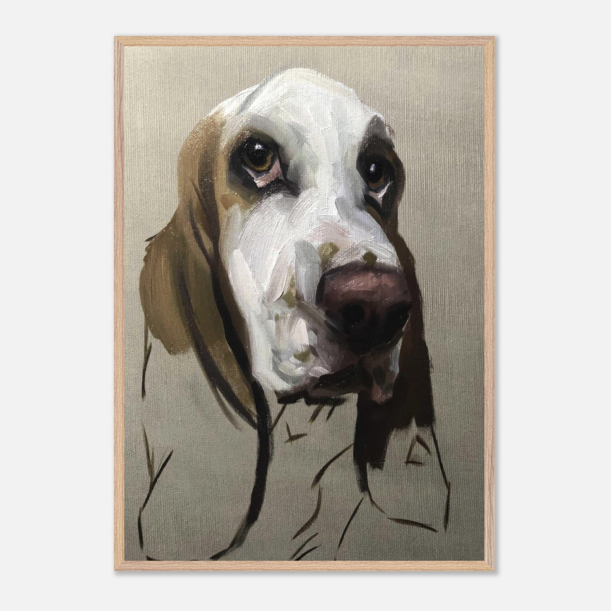 Basset Hound dog painting vintage framed print showcasing soulful gaze and warm colors.