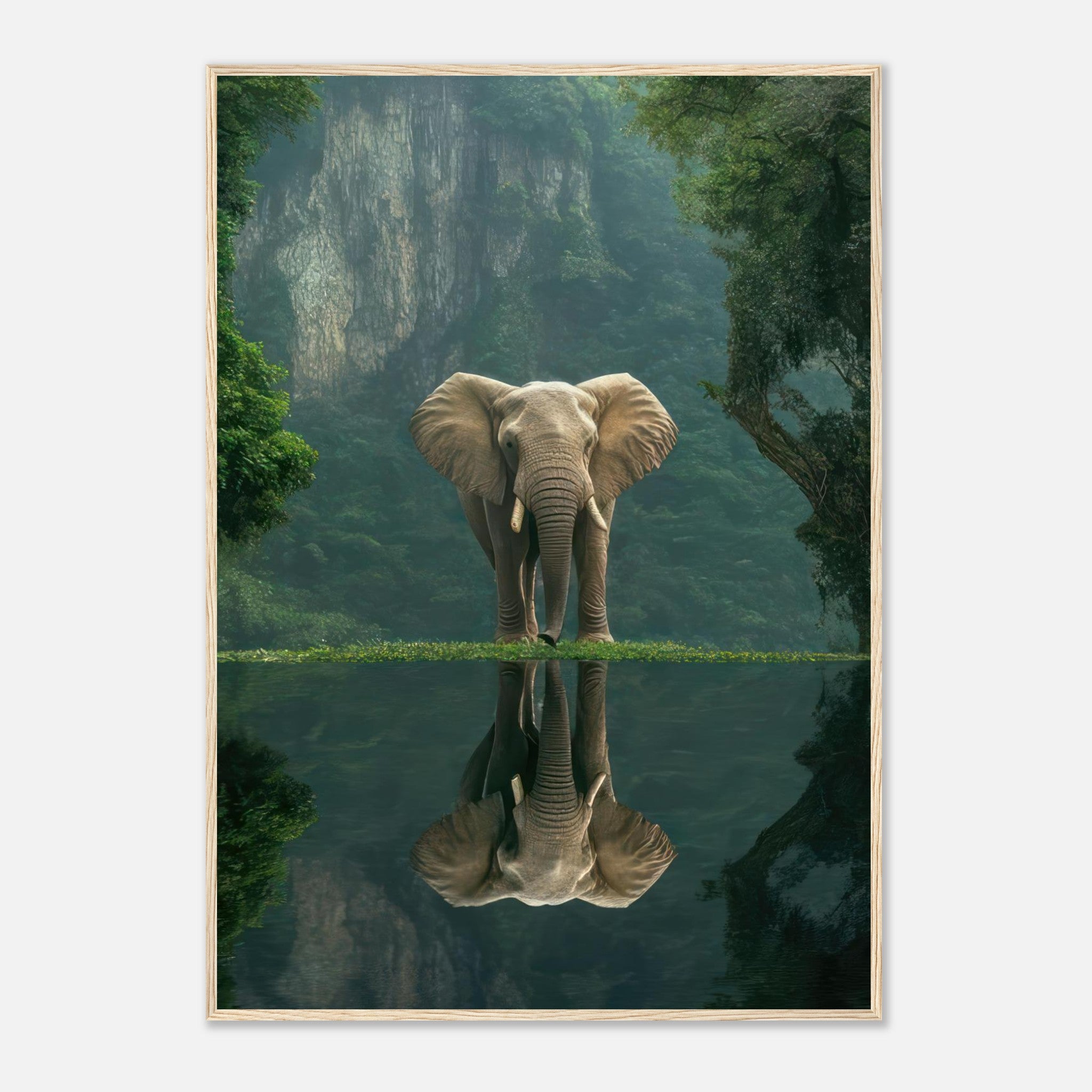 Majestic jungle elephant portrait framed print reflecting in tranquil water surrounded by lush greenery.