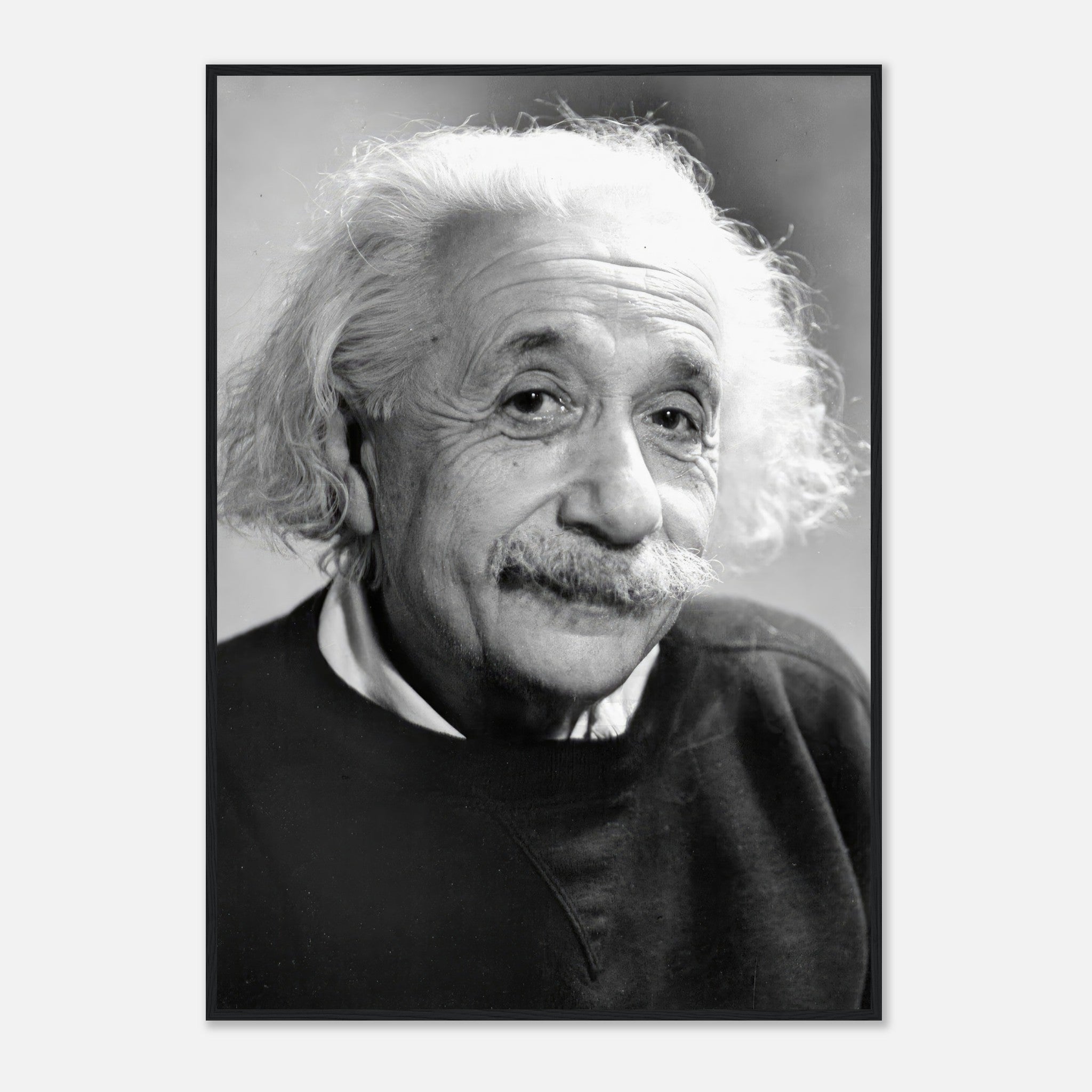 Black-and-white portrait of Albert Einstein, framed print, showcasing his iconic hairstyle and thoughtful expression.