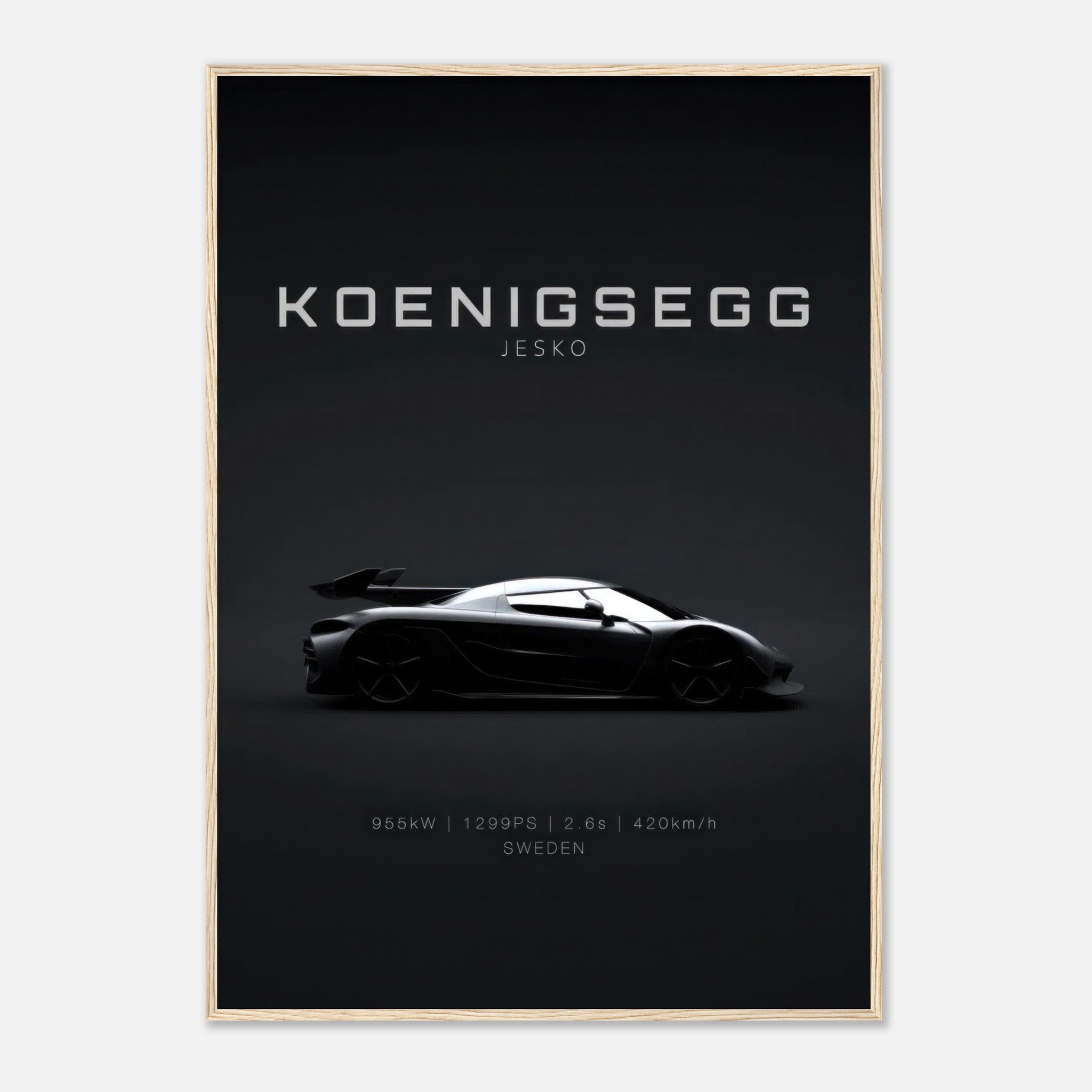 Koenigsegg Jesko framed poster showcasing the sleek hypercar silhouette on a minimalist black background.